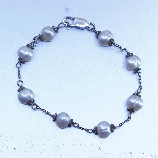 6.5”, vintage Sterling 925 silver bracelet with freshwater pearl