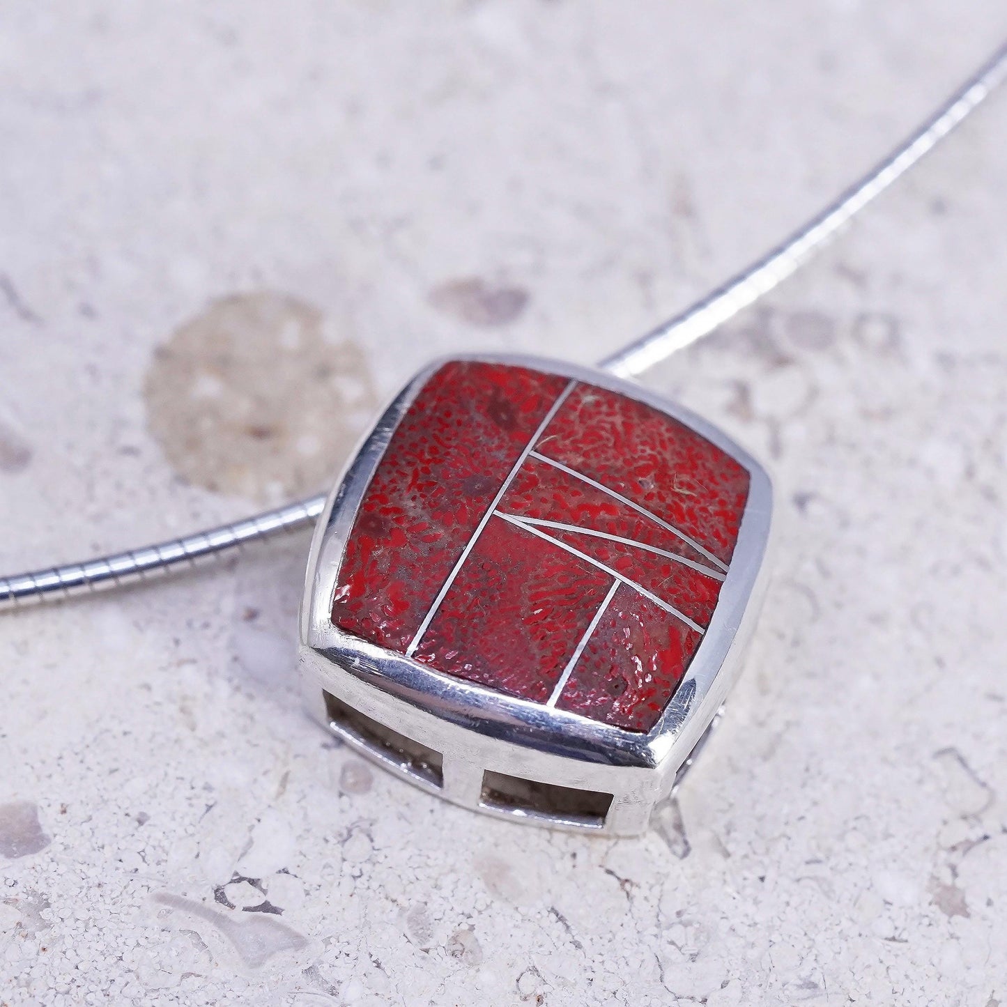 18”, Native American Sterling 925 silver snake necklace square pendant coral