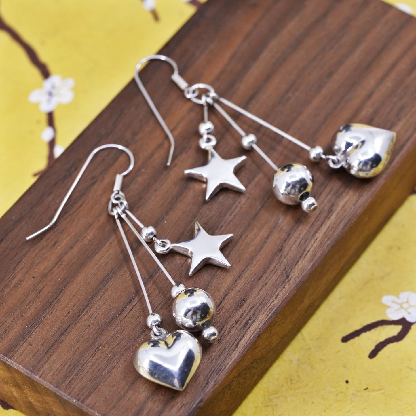 Vintage Sterling silver handmade earrings, 925 heart star bead dangles