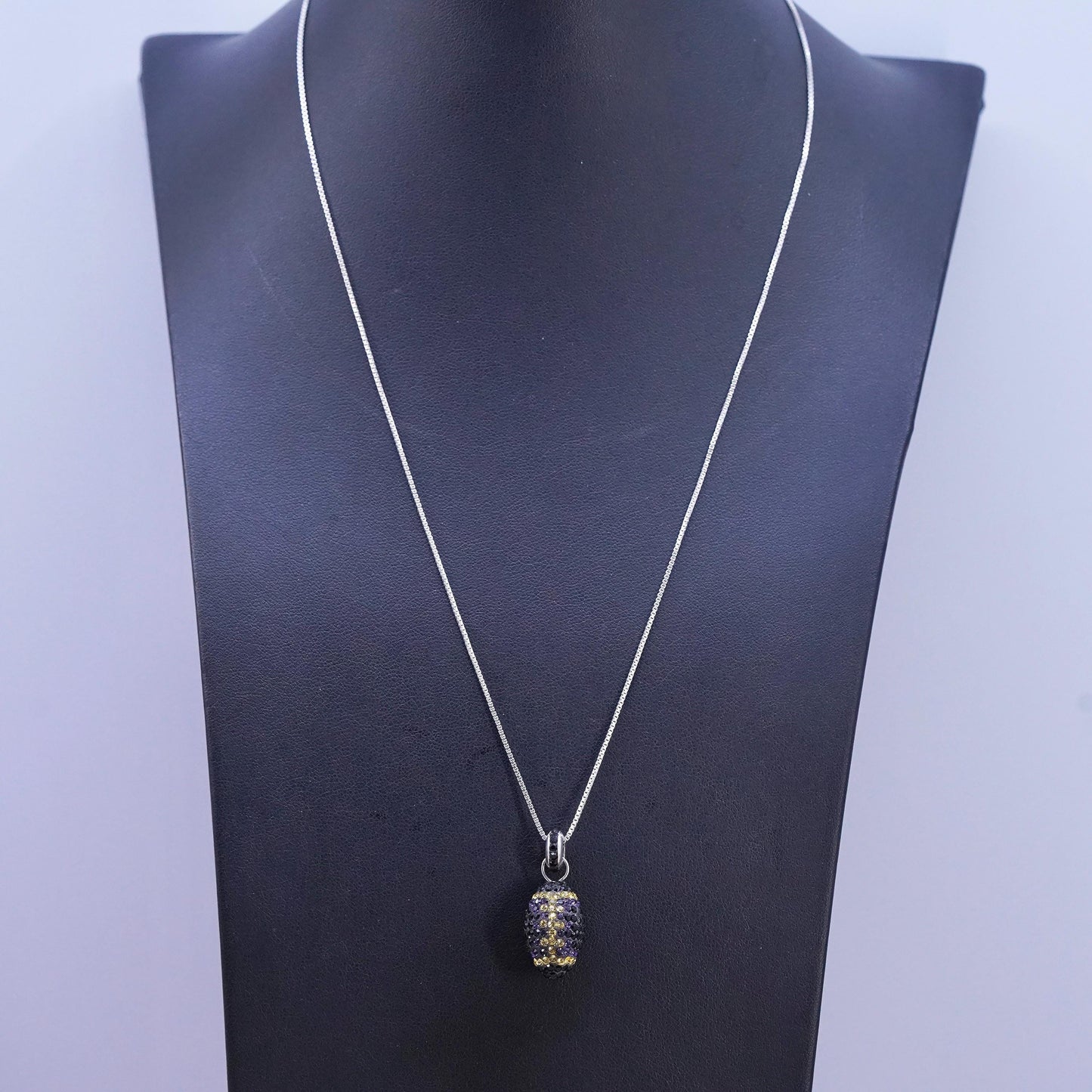 20", vintage Sterling silver necklace 925 box chain cluster cz football pendant