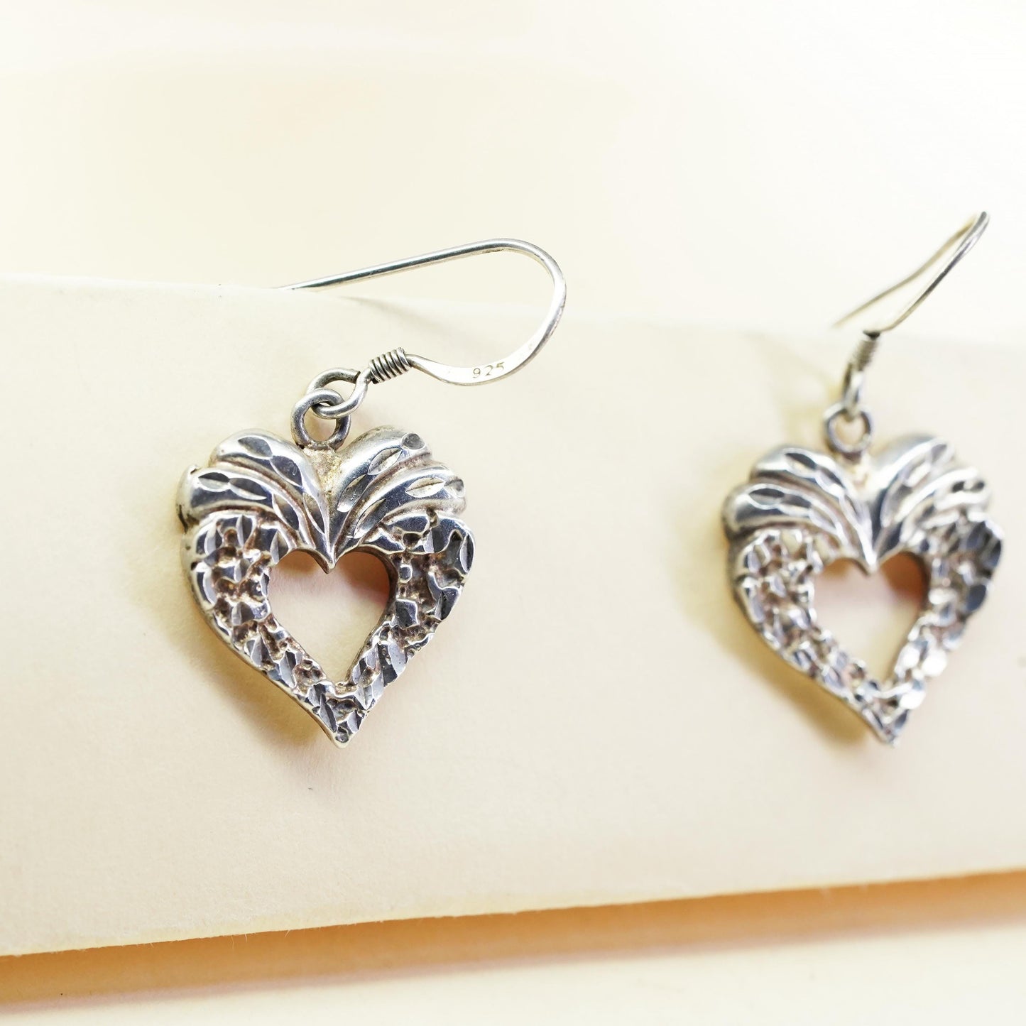 Vintage Sterling silver handmade earrings, textured 925 heart drops