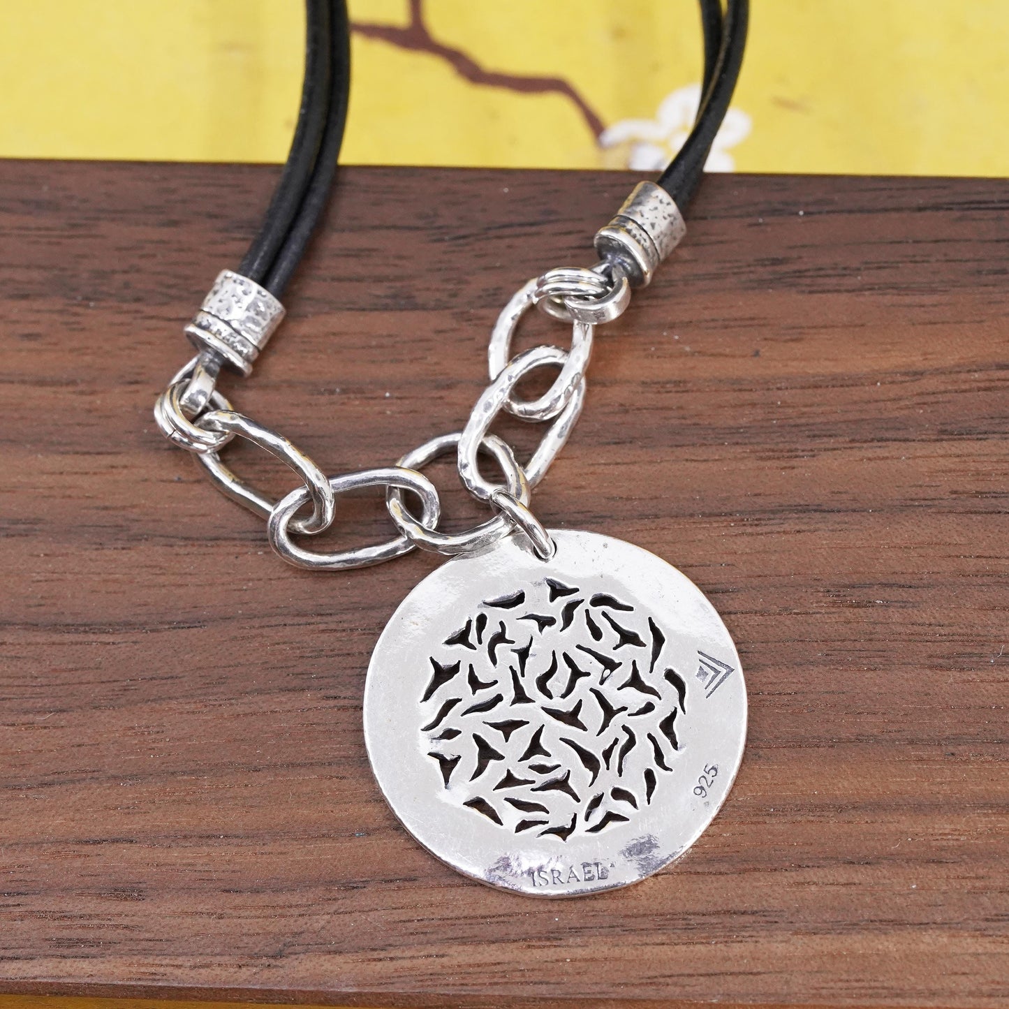 15+2”, Silpada Israel Sterling 925 silver floral Pendant Leather Cord Necklace