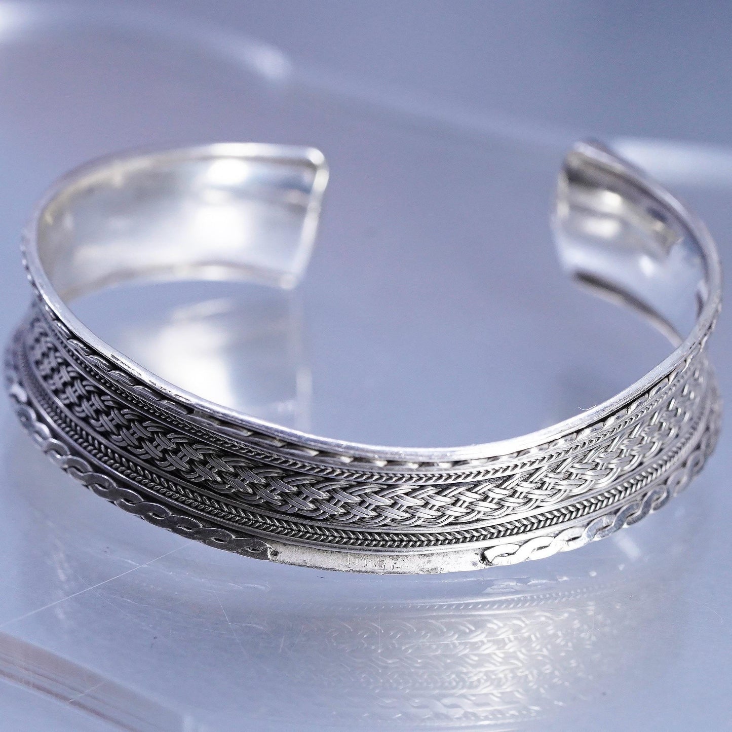 7", Vintage Thai 925 Sterling Silver Cuff Bracelet, Woven Braid Wide Bangle