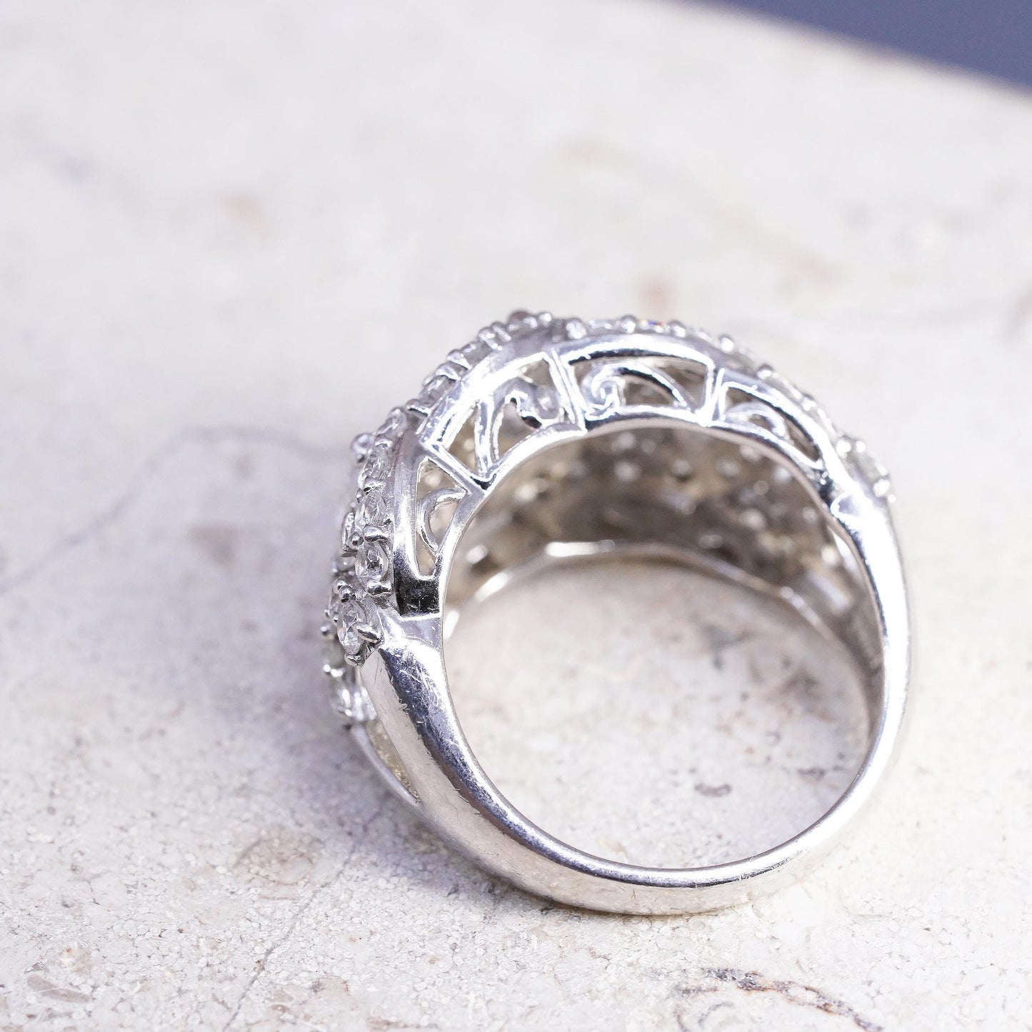 Size 8, Vintage 925 Sterling Silver CZ Marquise Cluster Ring Sparkling Cocktail