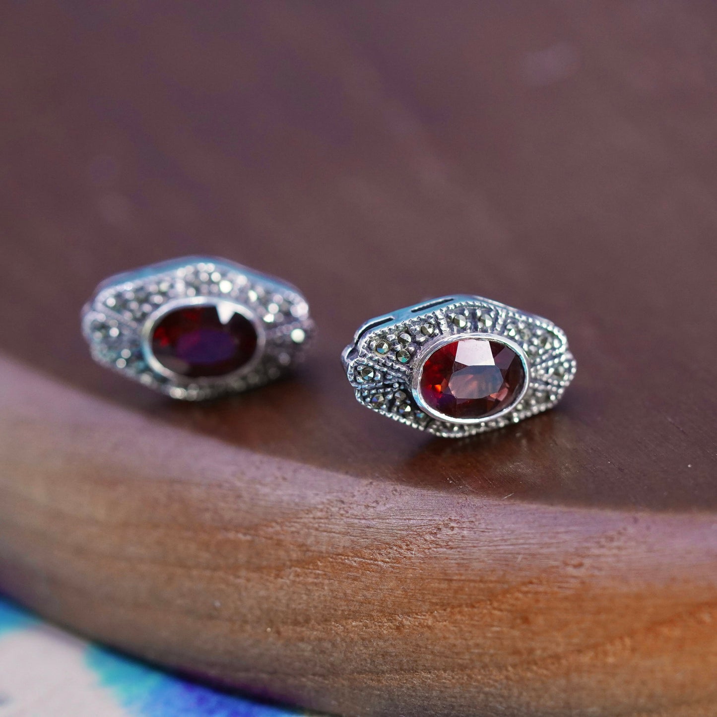 Judith jack sterling silver handmade earrings, 925 studs with ruby marcasite