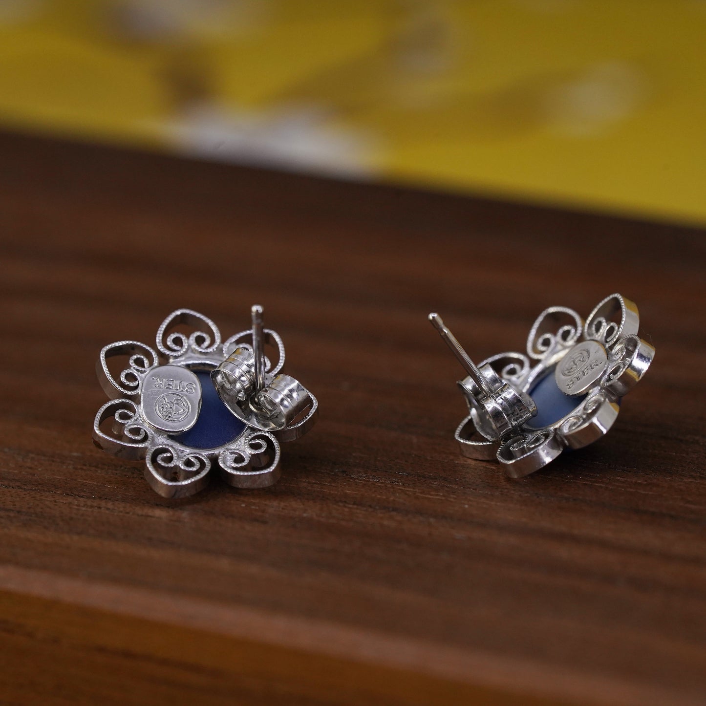 Vintage Sterling silver handmade earrings, 925 filigree studs w/ star sapphire