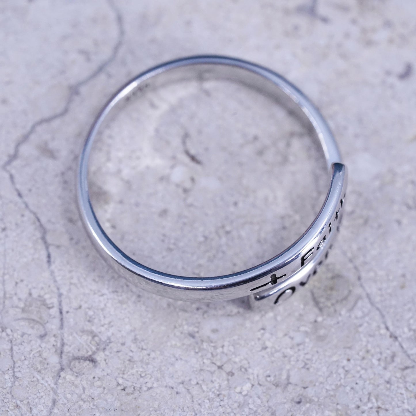 Size 7.5, Sterling silver ring, 925 wrap band engraved quote “faith over fear