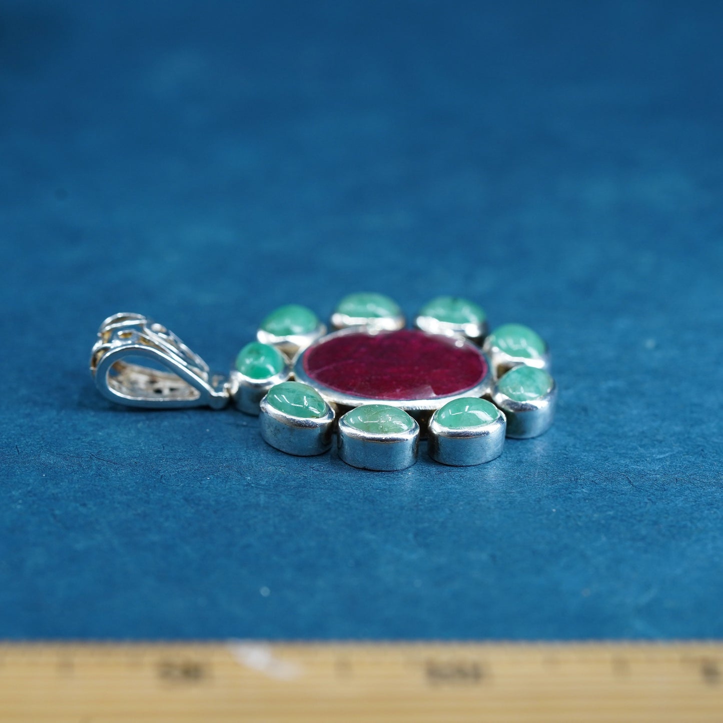 Vintage Sterling 925 silver handmade pendant with natural ruby and green jade