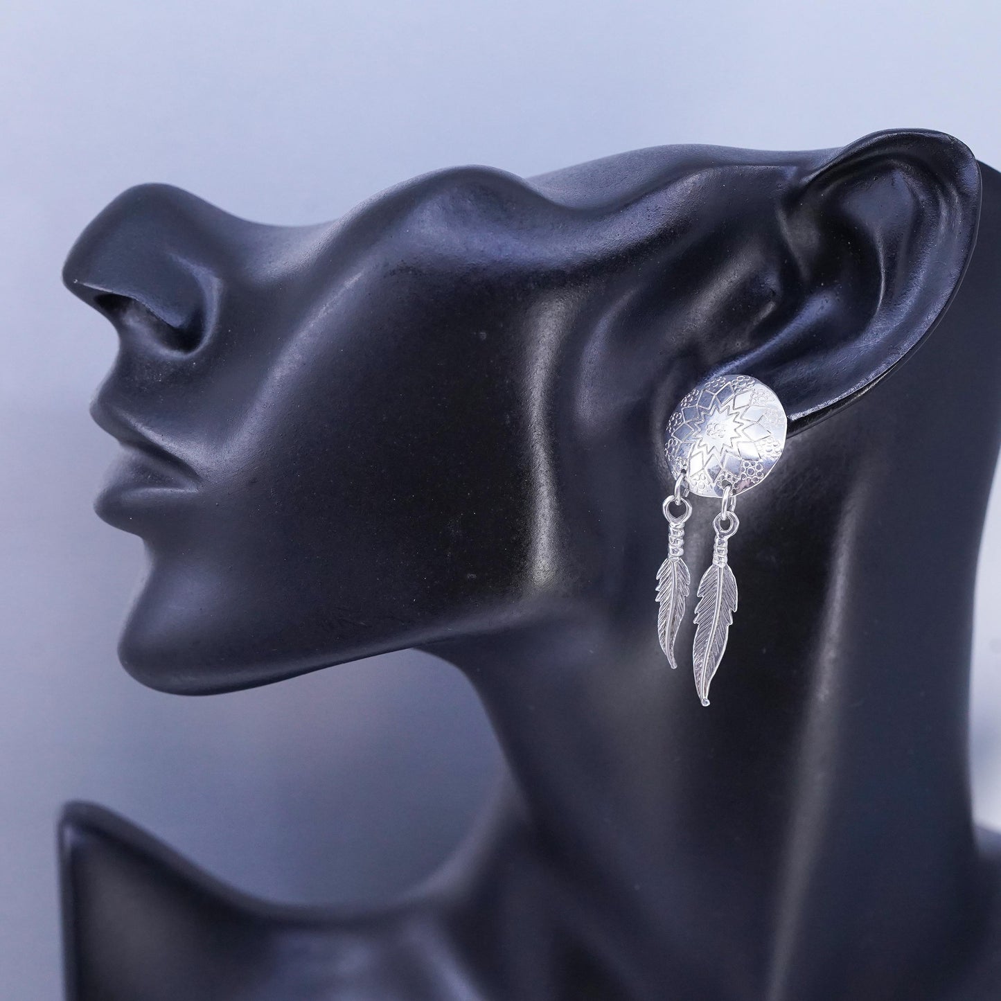 Native American Earson Sterling silver earrings, 925 disc feather dangles