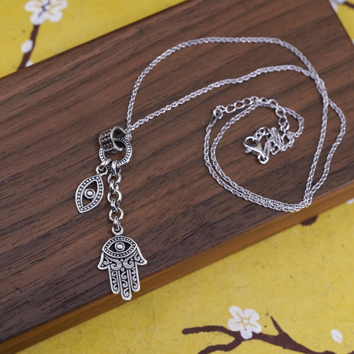 16+2” Sterling 925 silver rope necklace hamsa healing hand, evil eye pendants
