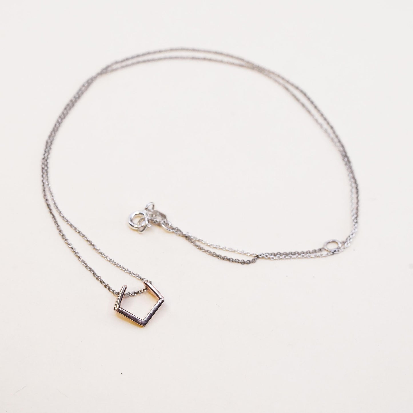 16+2”,, vintage Two Tone sterling silver necklace, 925 circle square Pendant