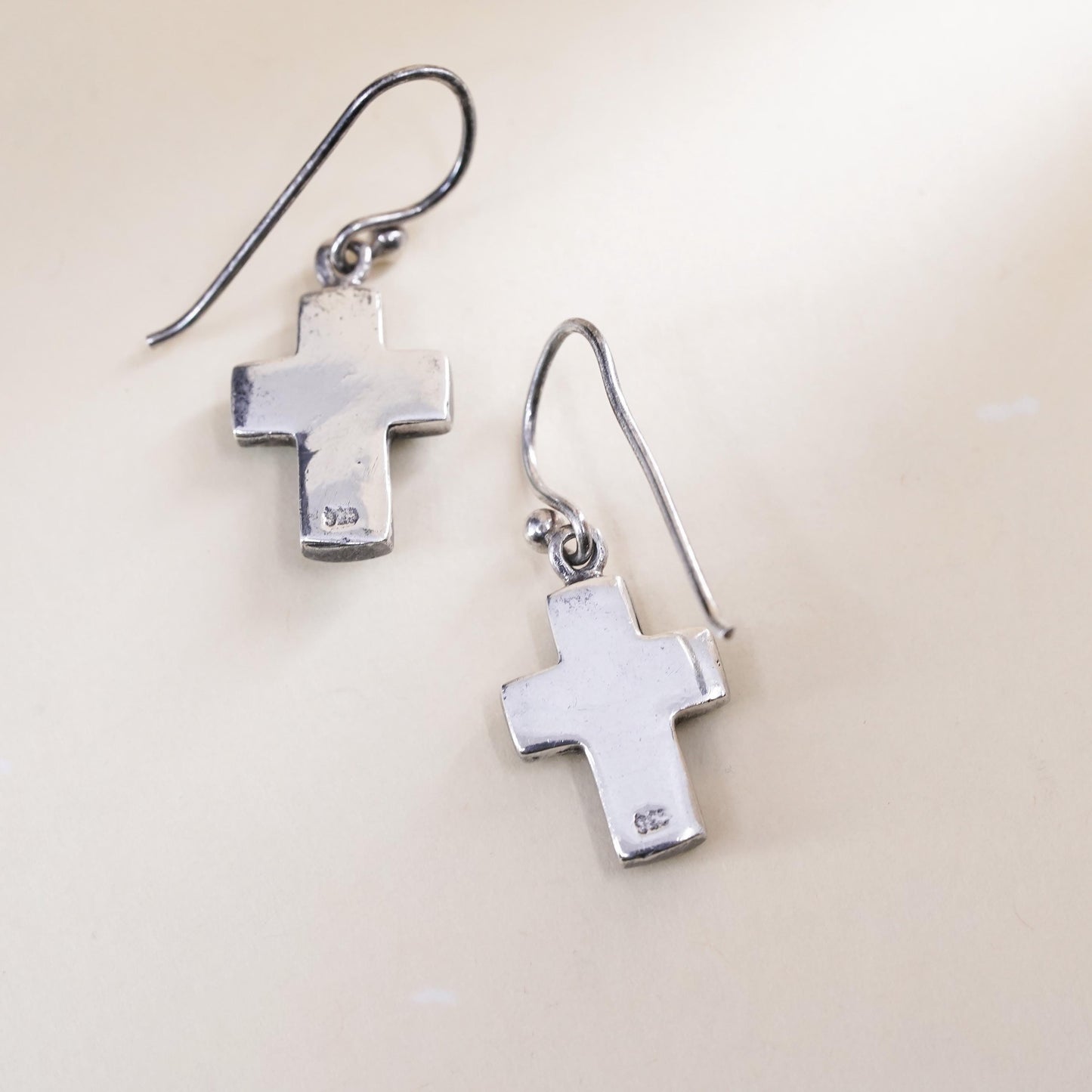 Native American Sterling 925 silver handmade earrings, cross coral turquoise