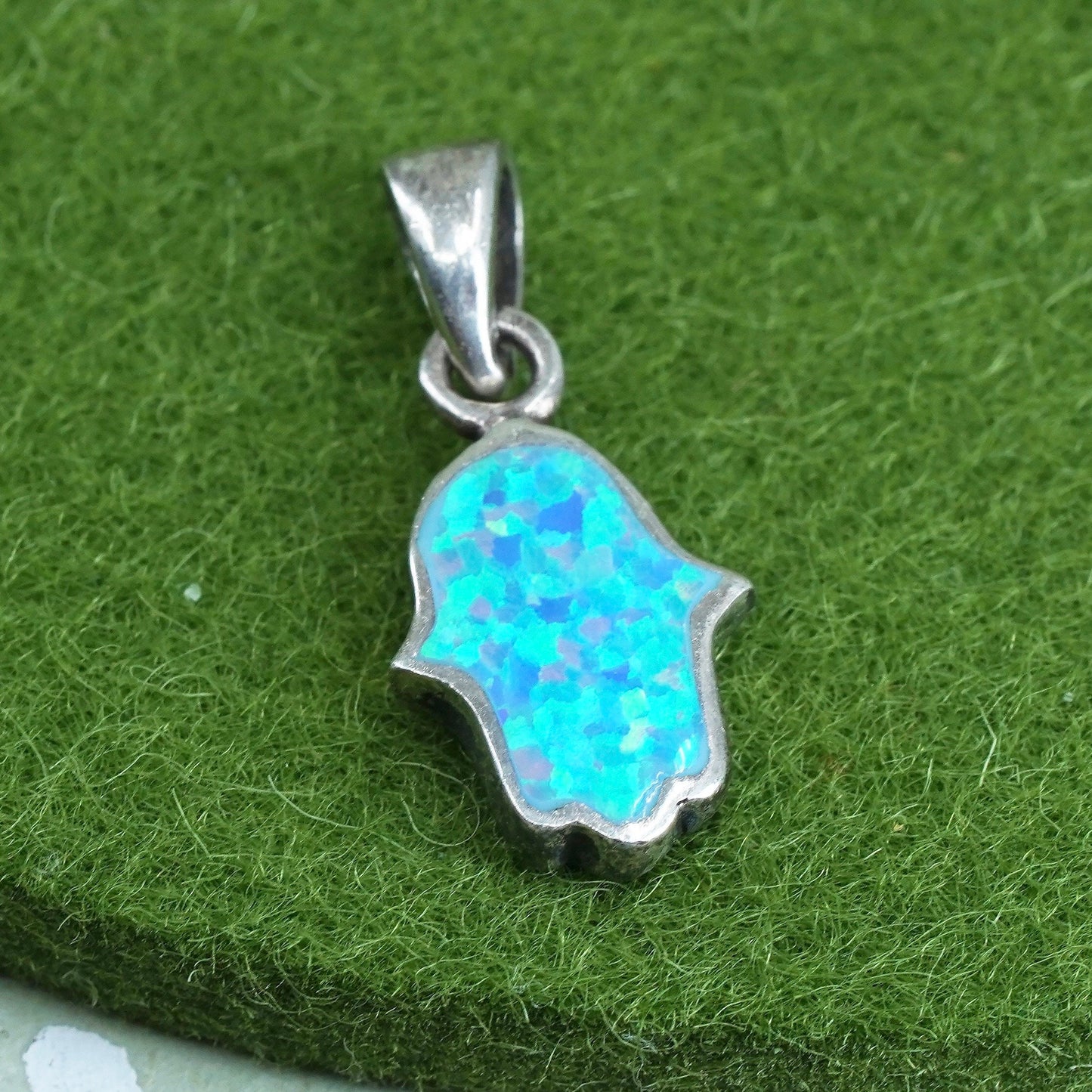 Vintage Sterling silver handmade pendant, 925 silver Hamsa hand with opal inlay