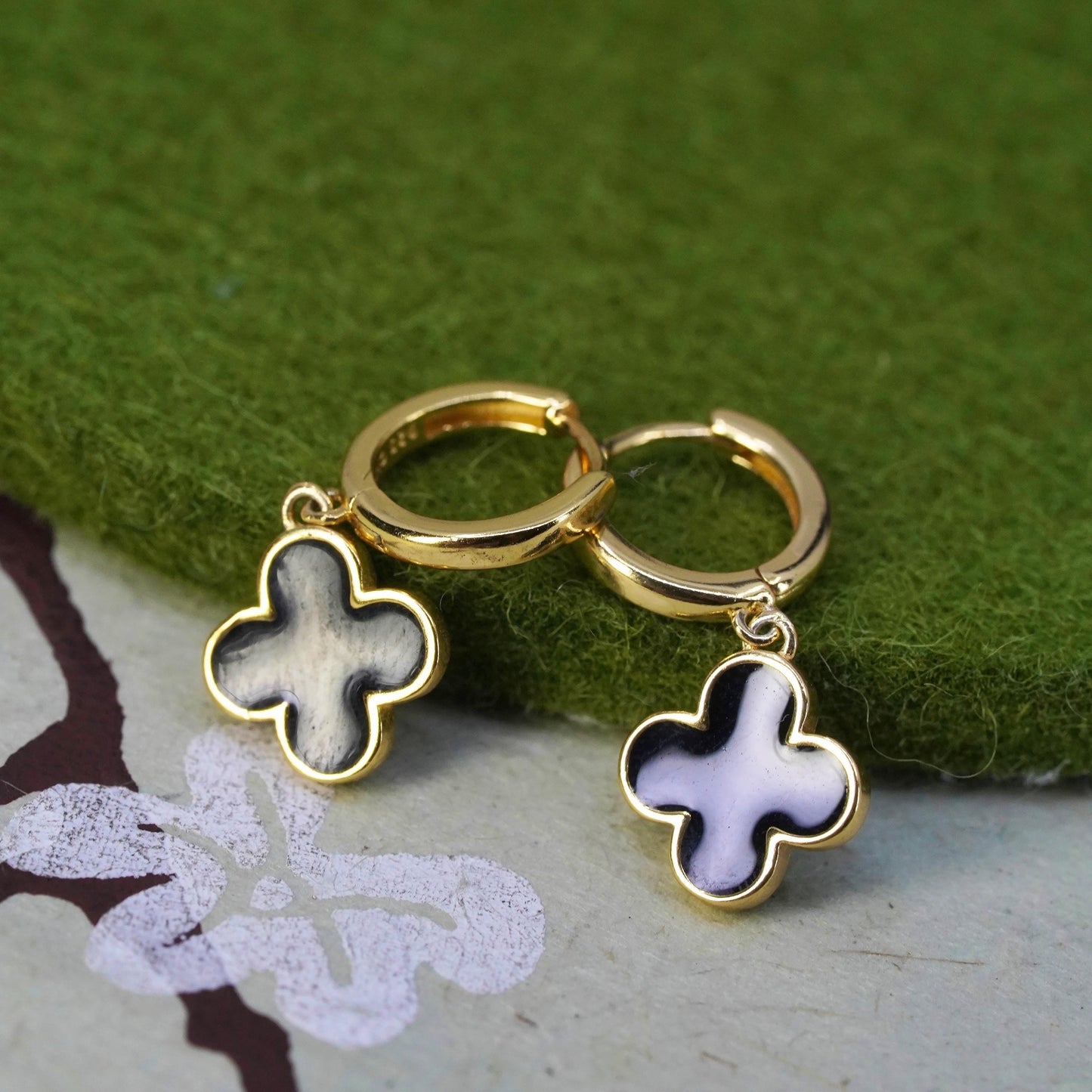 Vermeil gold sterling silver earrings, 925 hoops, huggie black enamel flower