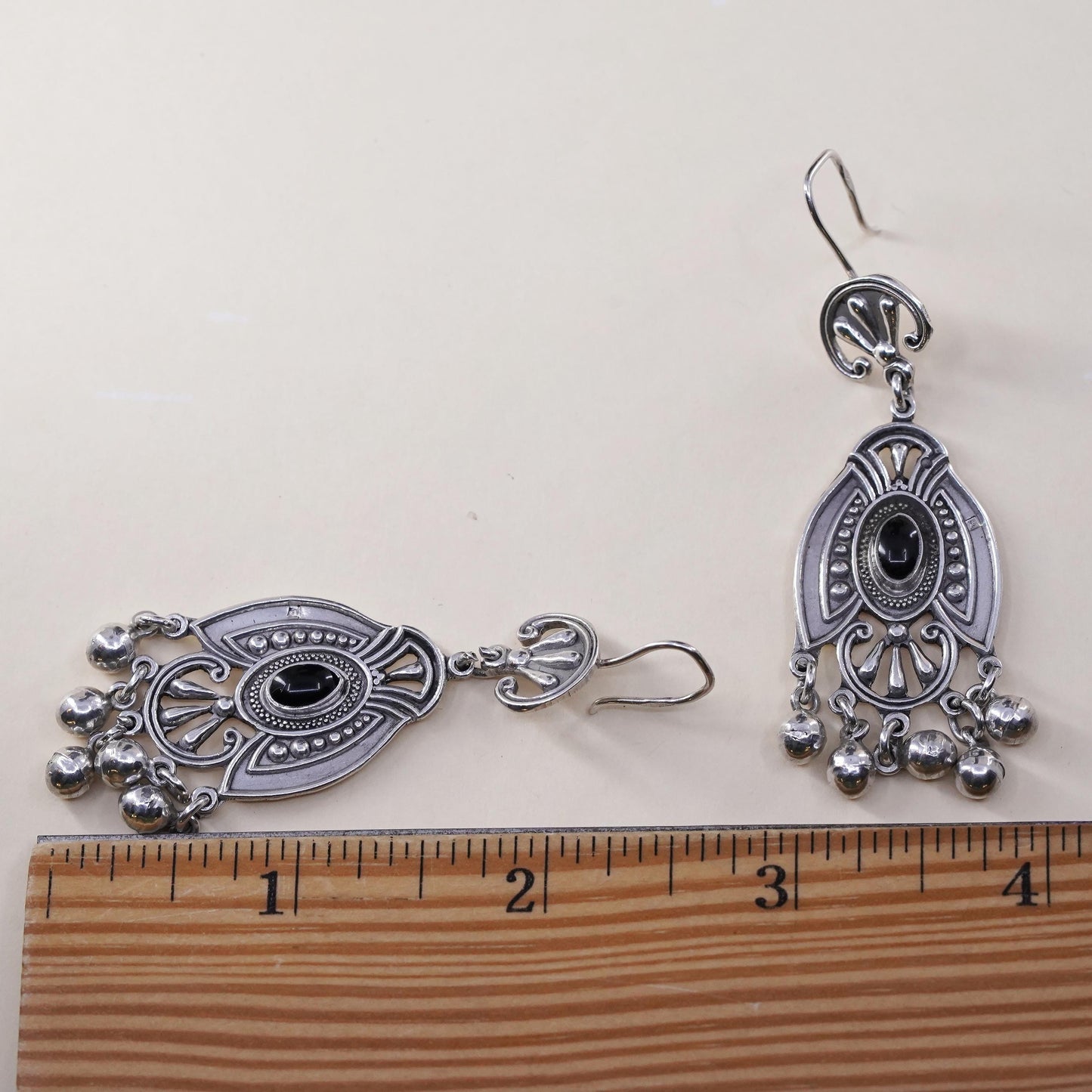 Vintage sterling 925 silver handmade earrings with onyx and bead dangles
