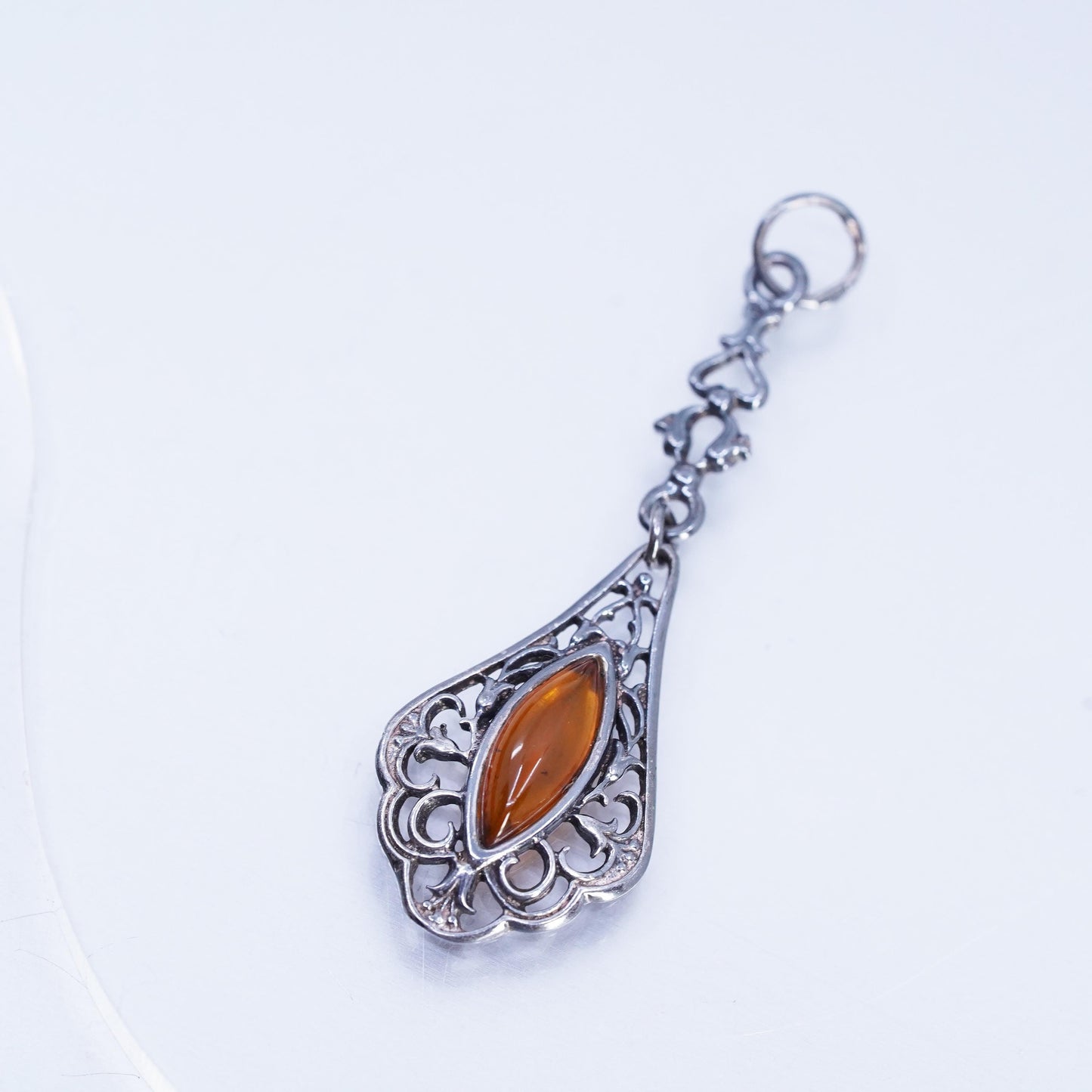 Vintage sterling 925 silver handmade filigree pendant with amber