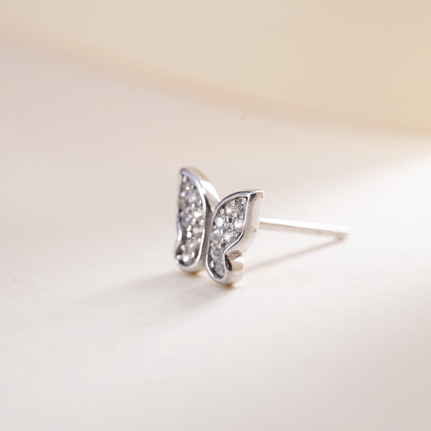 Vintage handmade single earring. Sterling 925 silver cz butterfly stud