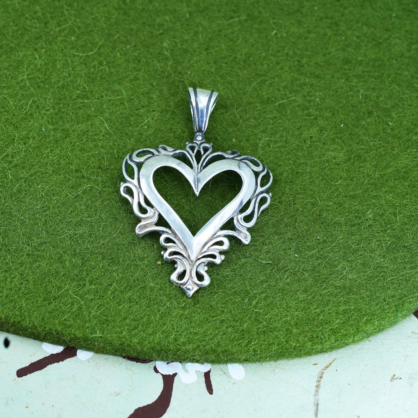 vintage sterling silver handmade pendant, 925 filigree heart charm