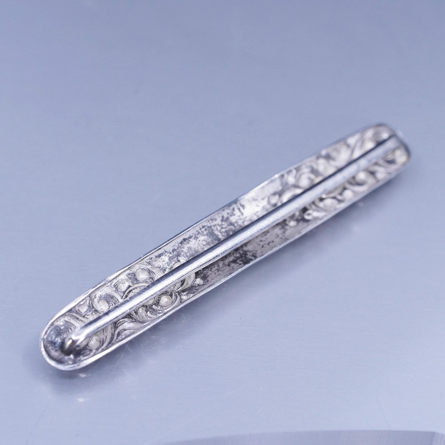 Vintage Sterling 925 silver handmade brooch, textured bar pin with beads