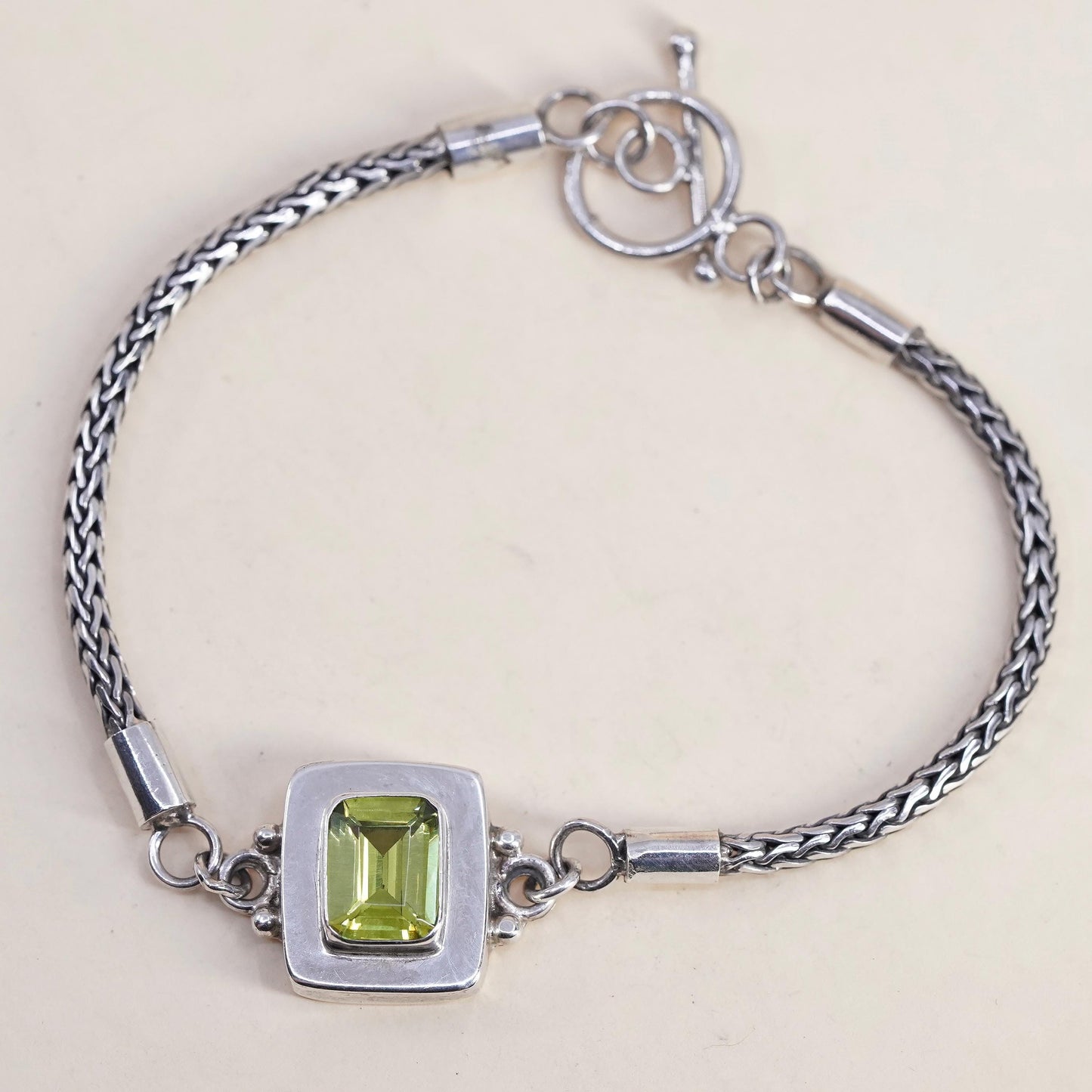 7”, vintage sterling silver bracelet, 925 wheat chain emerald cut peridot