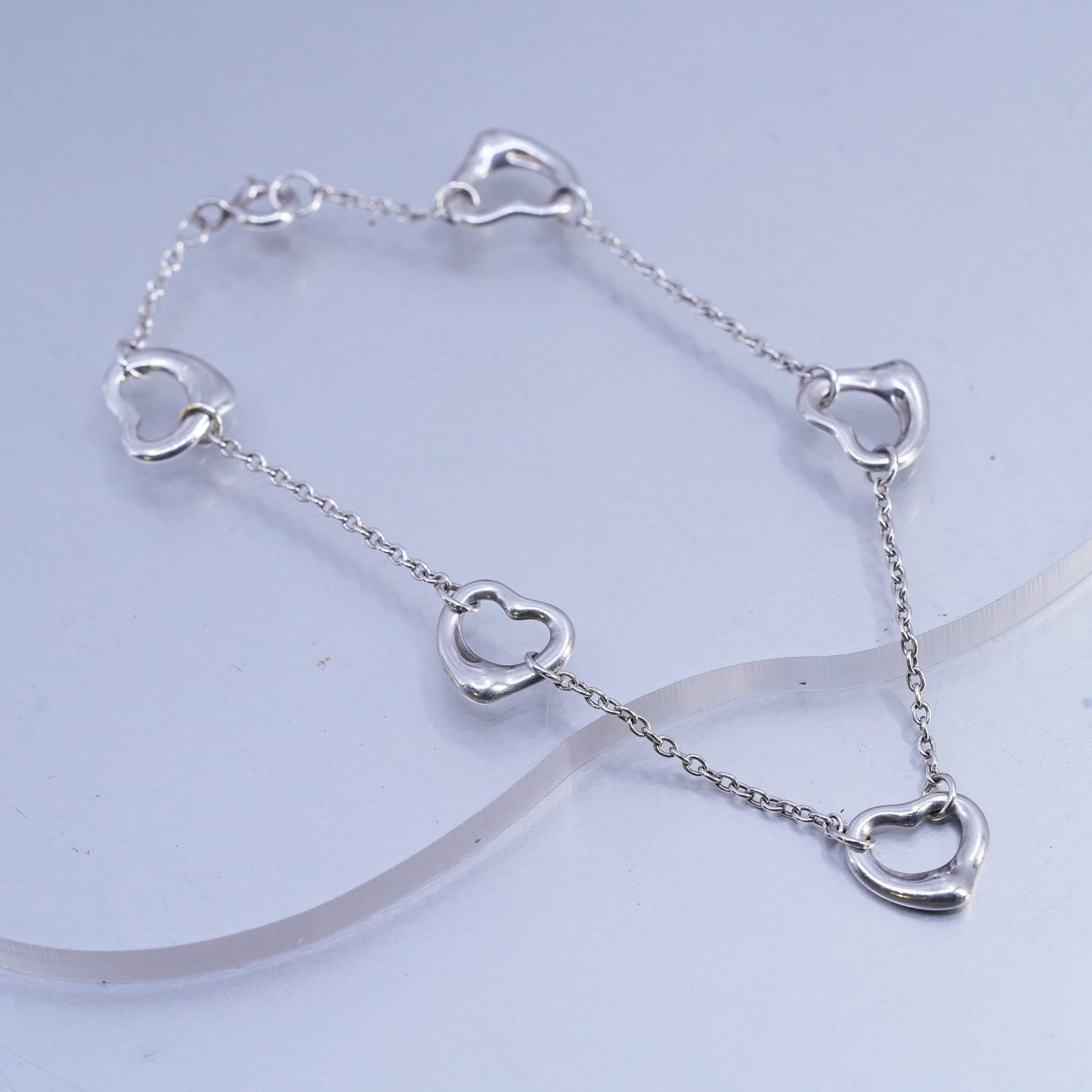7.5" Vintage Sterling Silver Handmade Bracelet, 925 circle chain Heart Charms