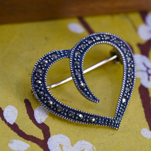 Vintage handmade sterling silver brooch, 925 silver heart w/ marcasite details