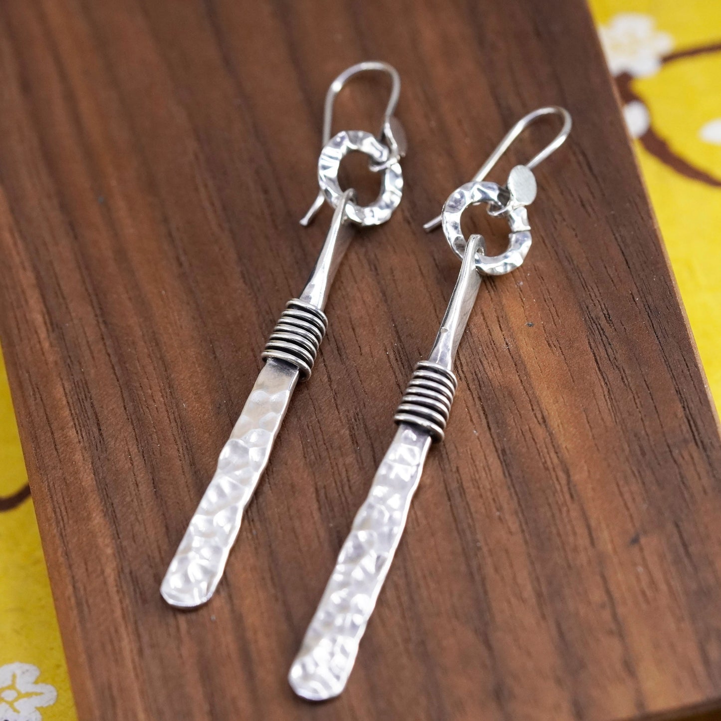 Vintage Mexico Sterling silver handmade earrings, 925 Hammered long dangles