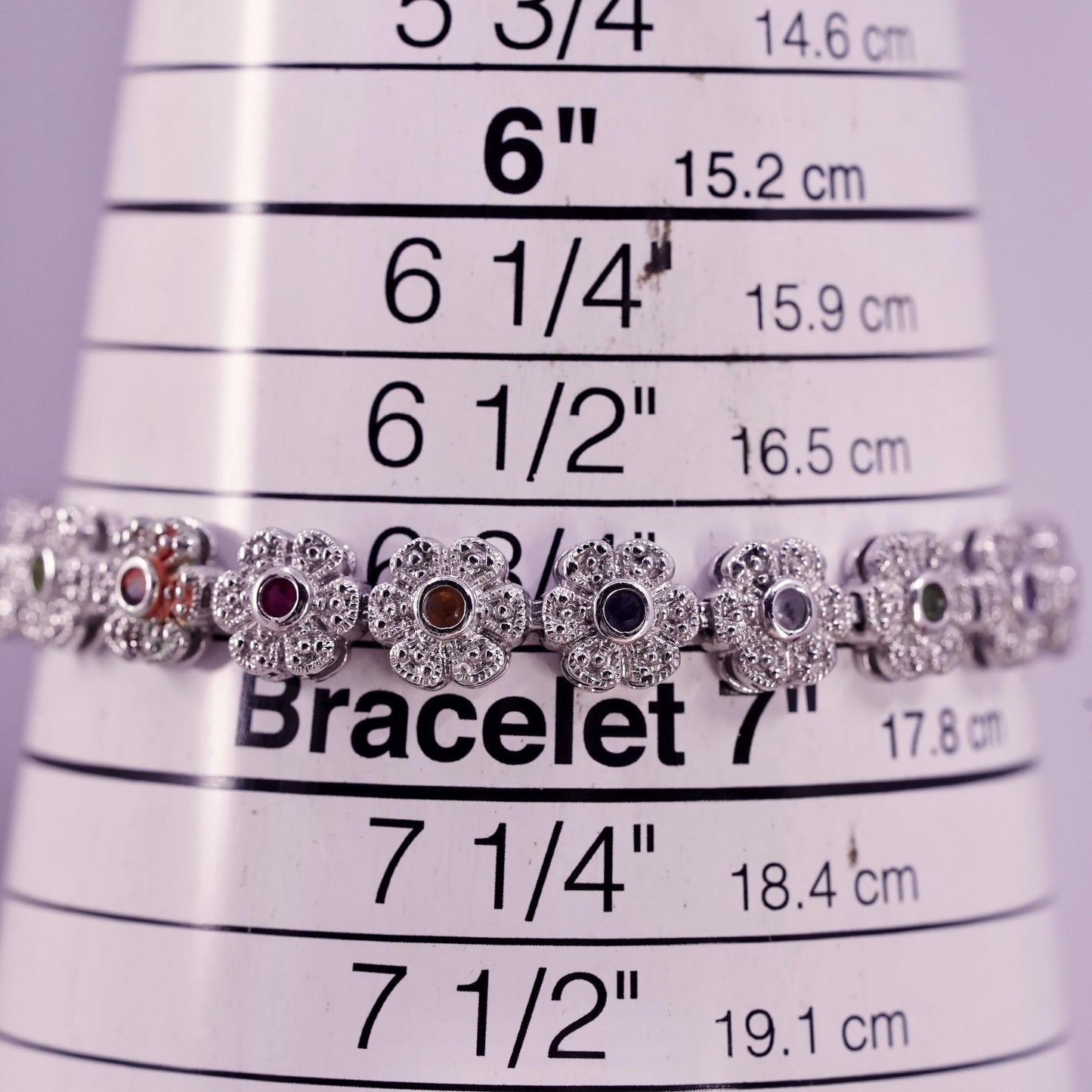6.75”, vintage sterling 925 silver tennis bracelet with cluster cz flower