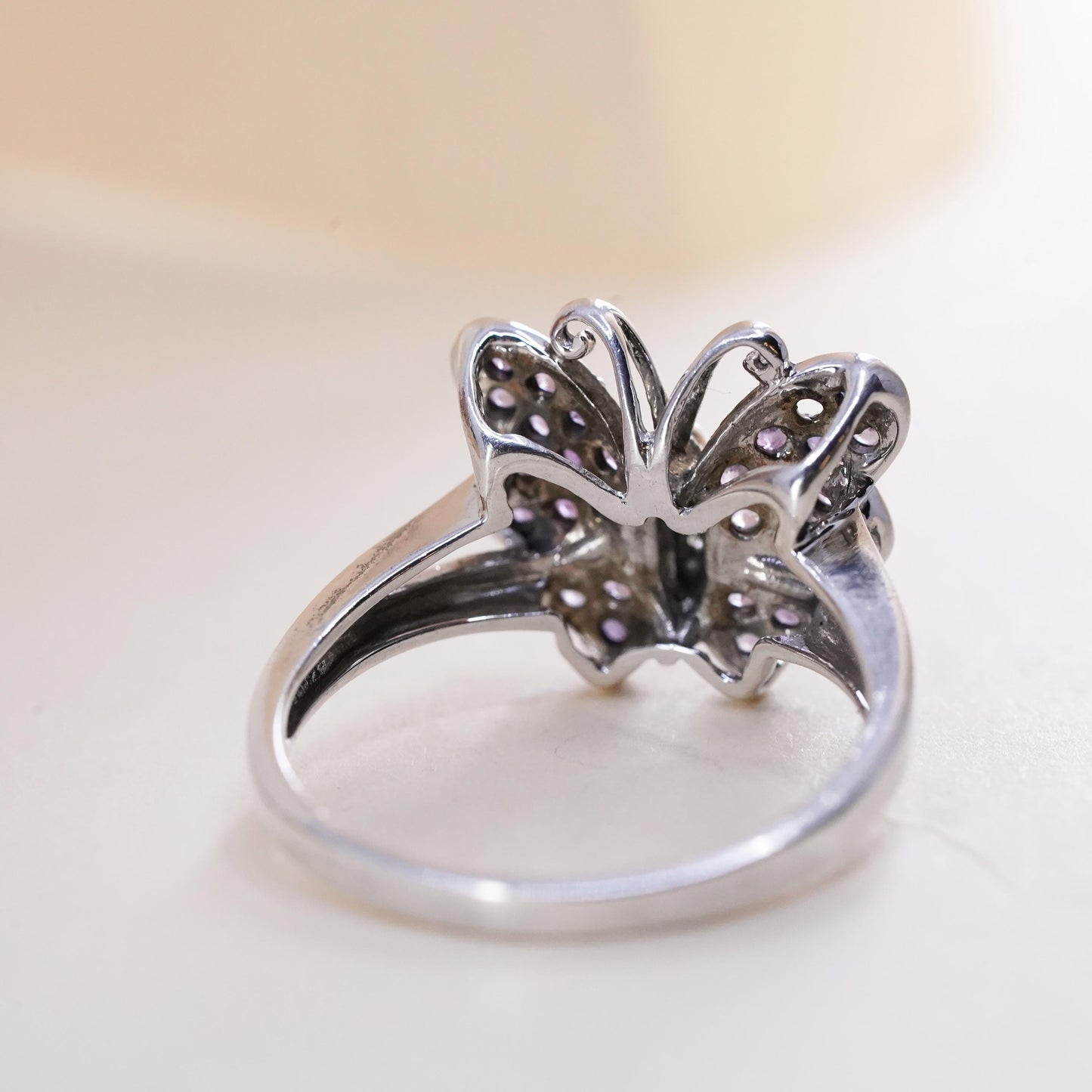 Size 9.5, Vintage Sterling 925 silver handmade butterfly ring cluster amethyst