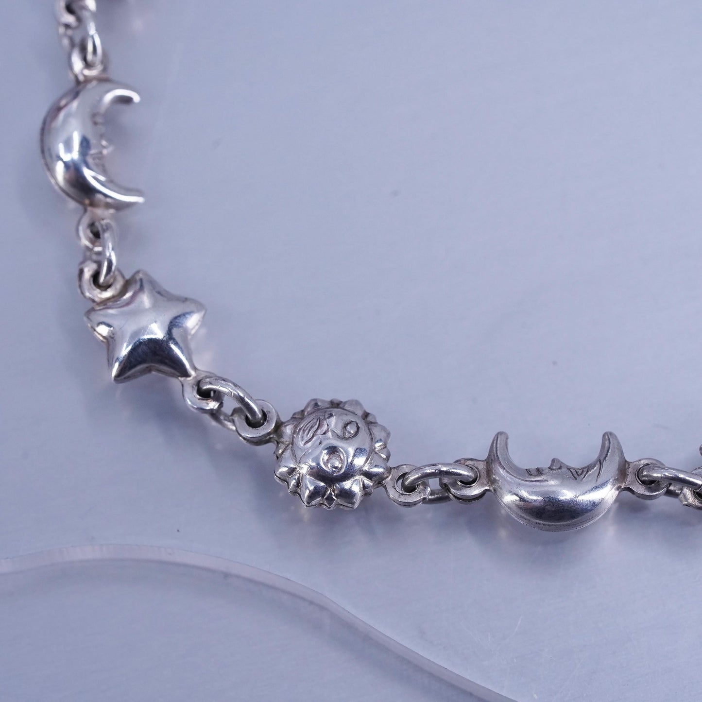 6.75”, Sterling 925 silver handmade puffy star moon sun chain bracelet