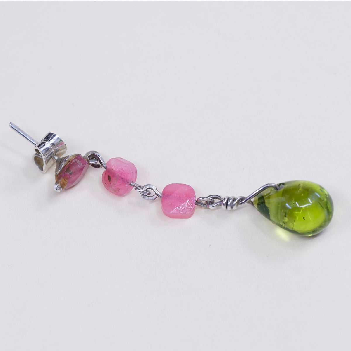 Sterling 925 silver handmade earrings w/ Indian ruby N green teardrop glass