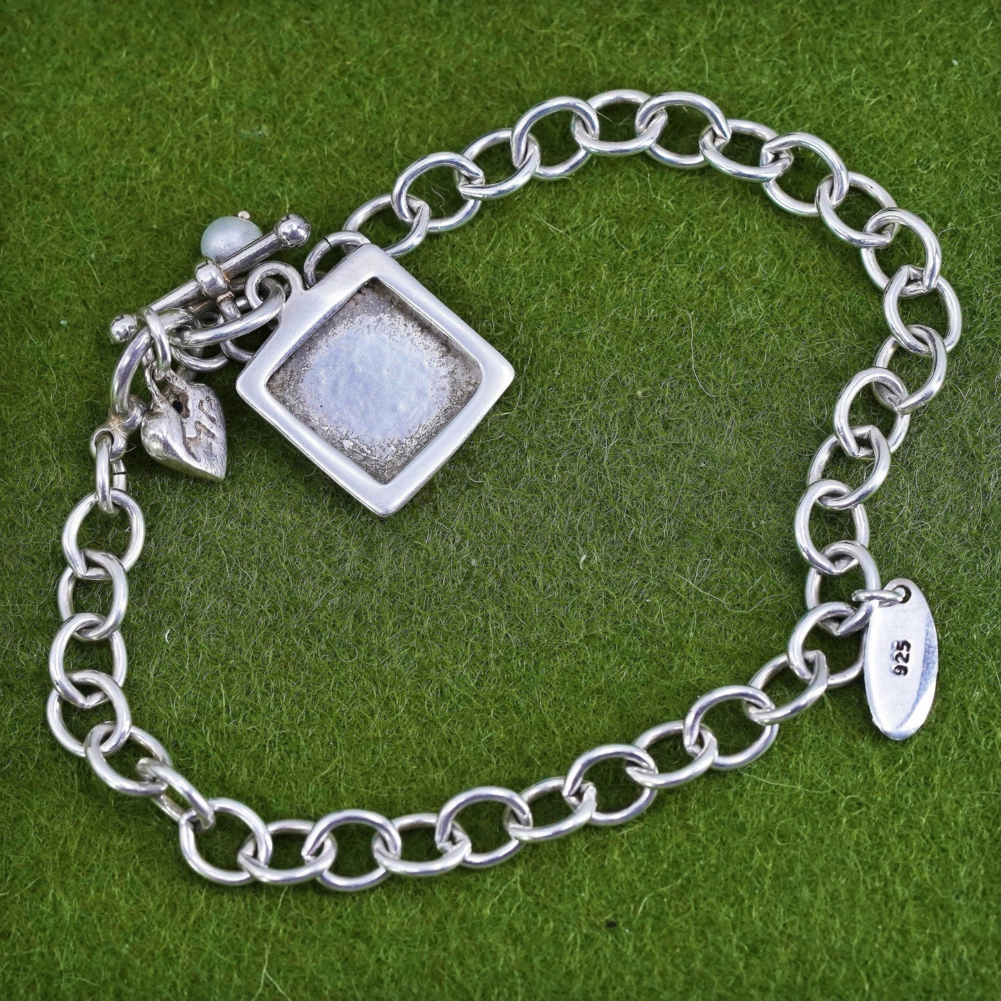 6.75”, Vintage sterling silver circle chain, 925 bracelet square photo charms