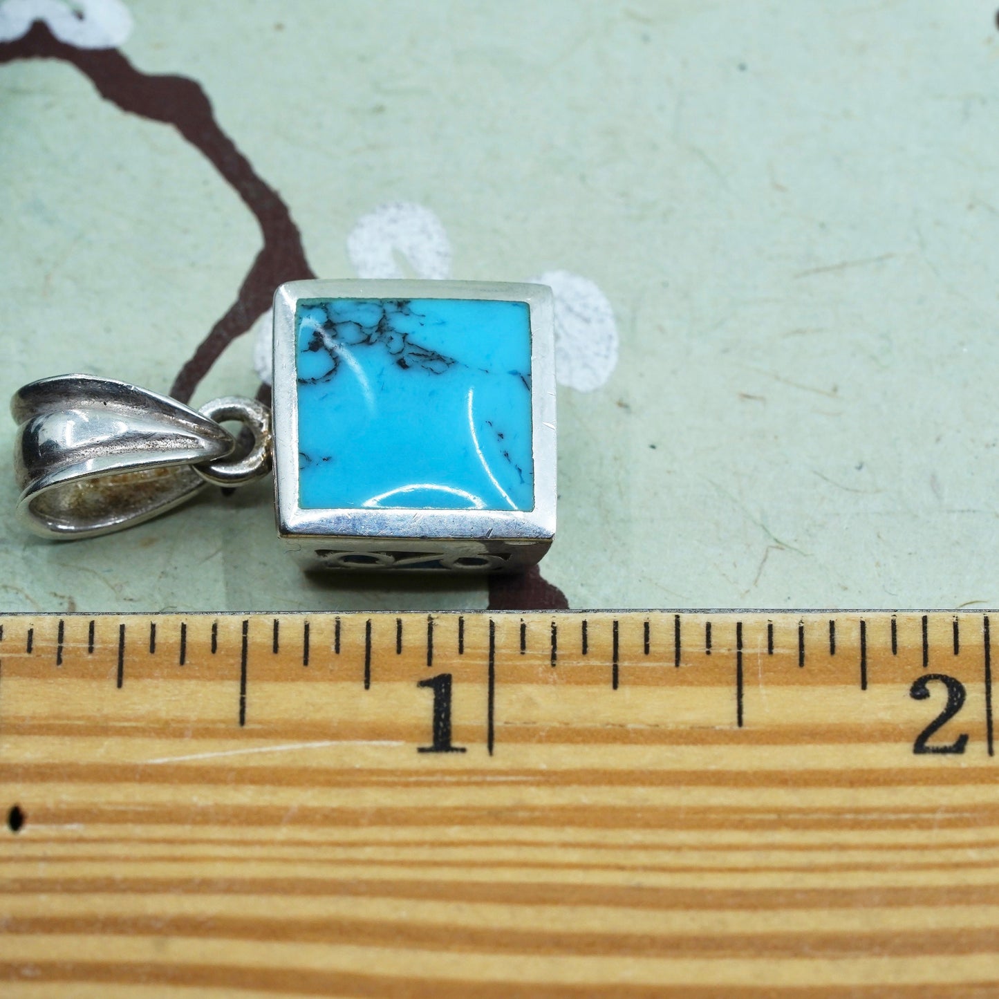 Native American Sterling silver handmade pendant, 925 square charm turquoise