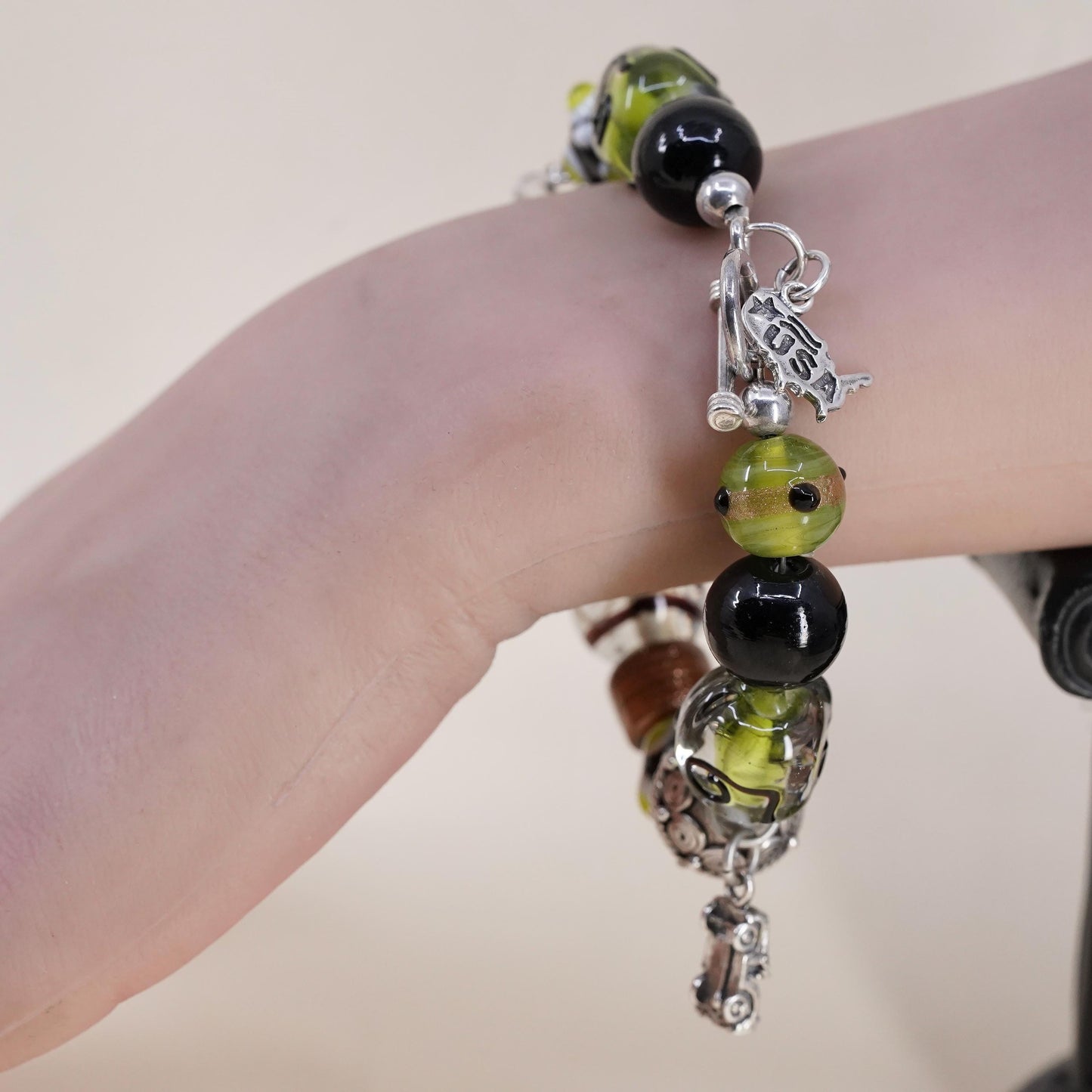 7”, Sterling 925 silver Lampwork Glass Bead Bracelet, Binoculars jeep car USA