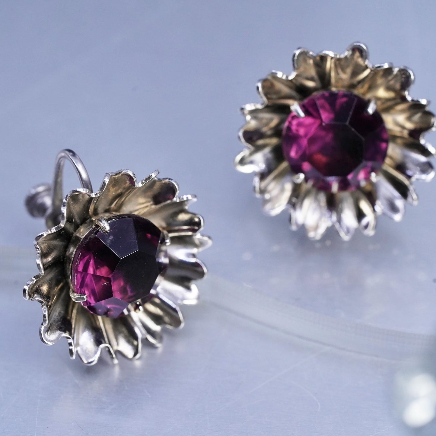 Vintage Sterling 925 silver handmade earrings, screw back flower with amethyst