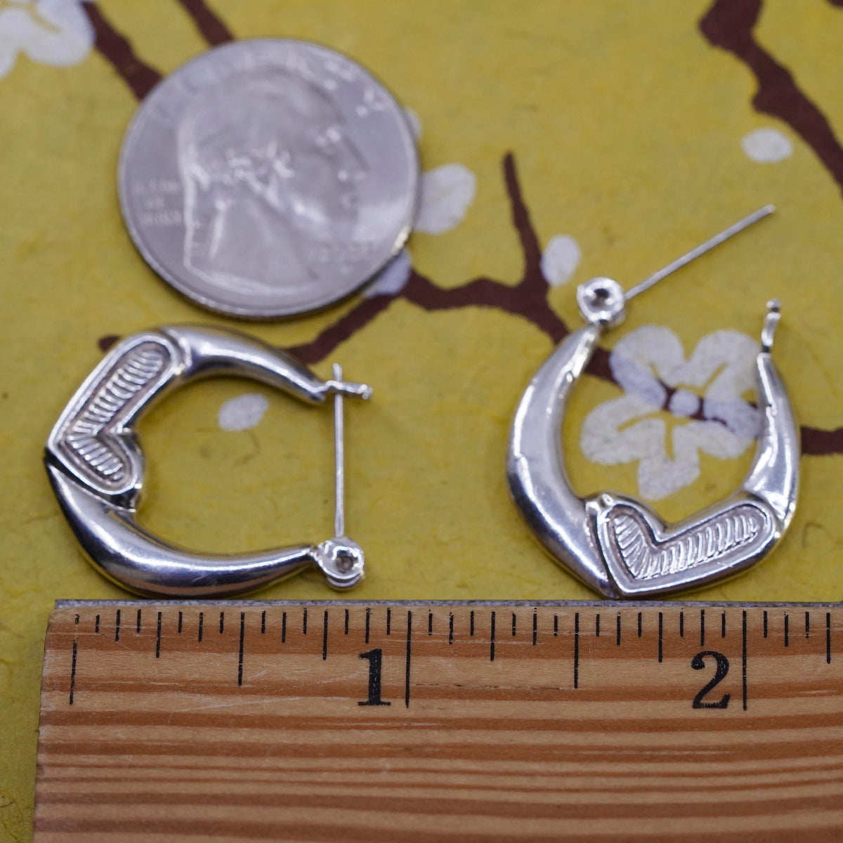 Vintage Sterling Silver Heart Hoop Earrings, 925 Huggies, 1 Inch