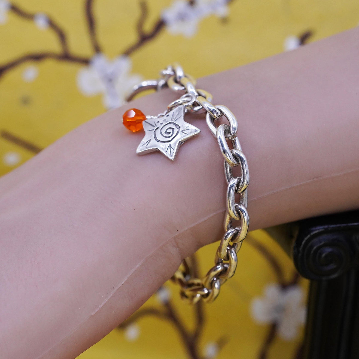 6.75" 7mm, Vintage Sterling silver bracelet, 925 oval link chain star charm