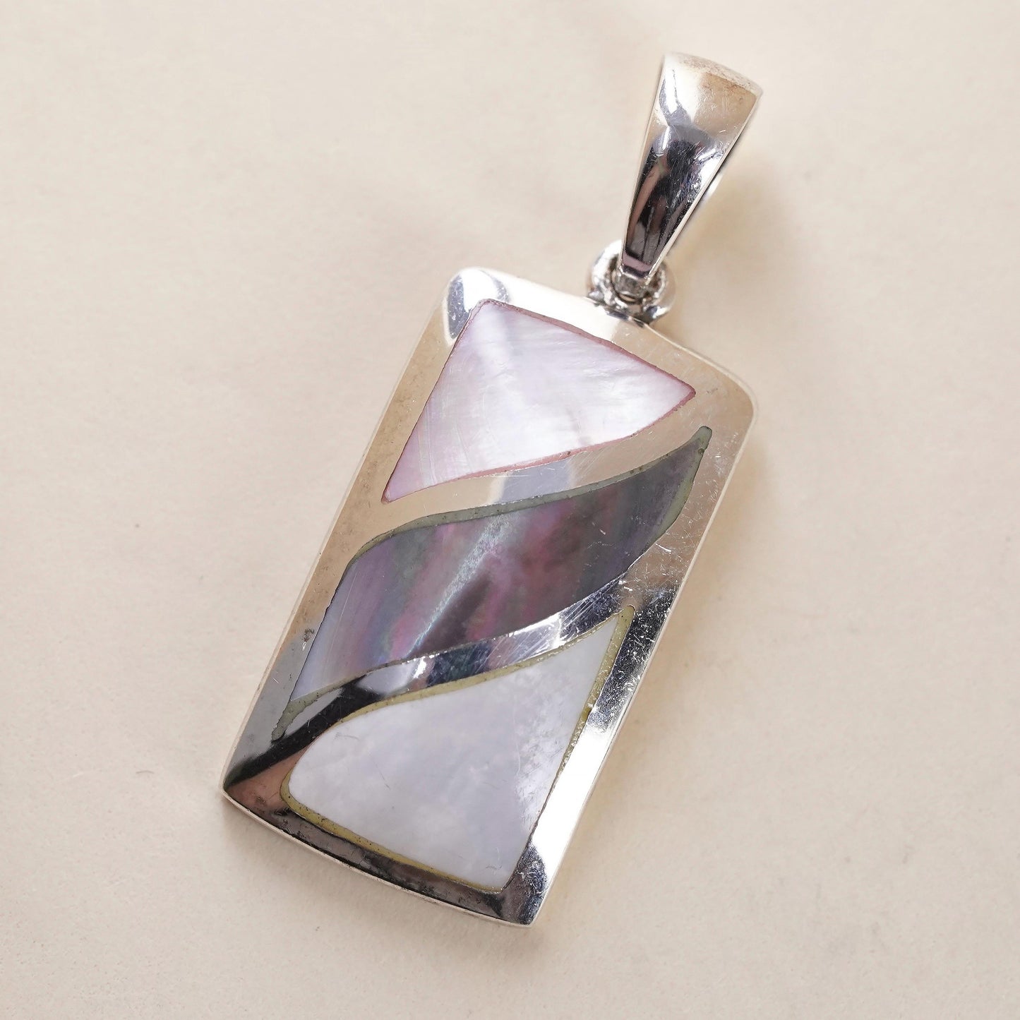 Vintage sterling 925 silver rectangular pendant mother of pearl abalone inlay
