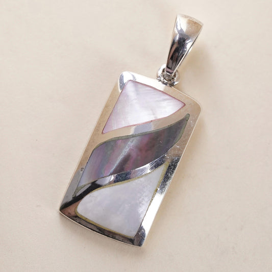 Vintage sterling 925 silver rectangular pendant mother of pearl abalone inlay