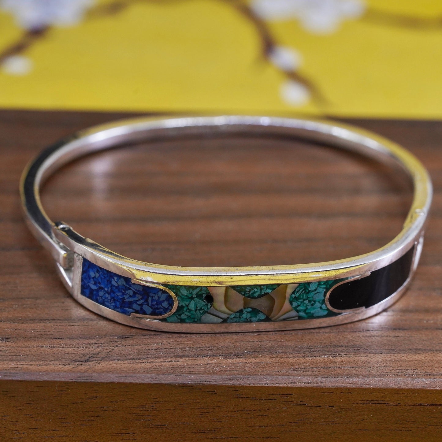 6.5”, Sterling 925 silver handmade bracelet, Mexico hinged bangle w/ turquoise