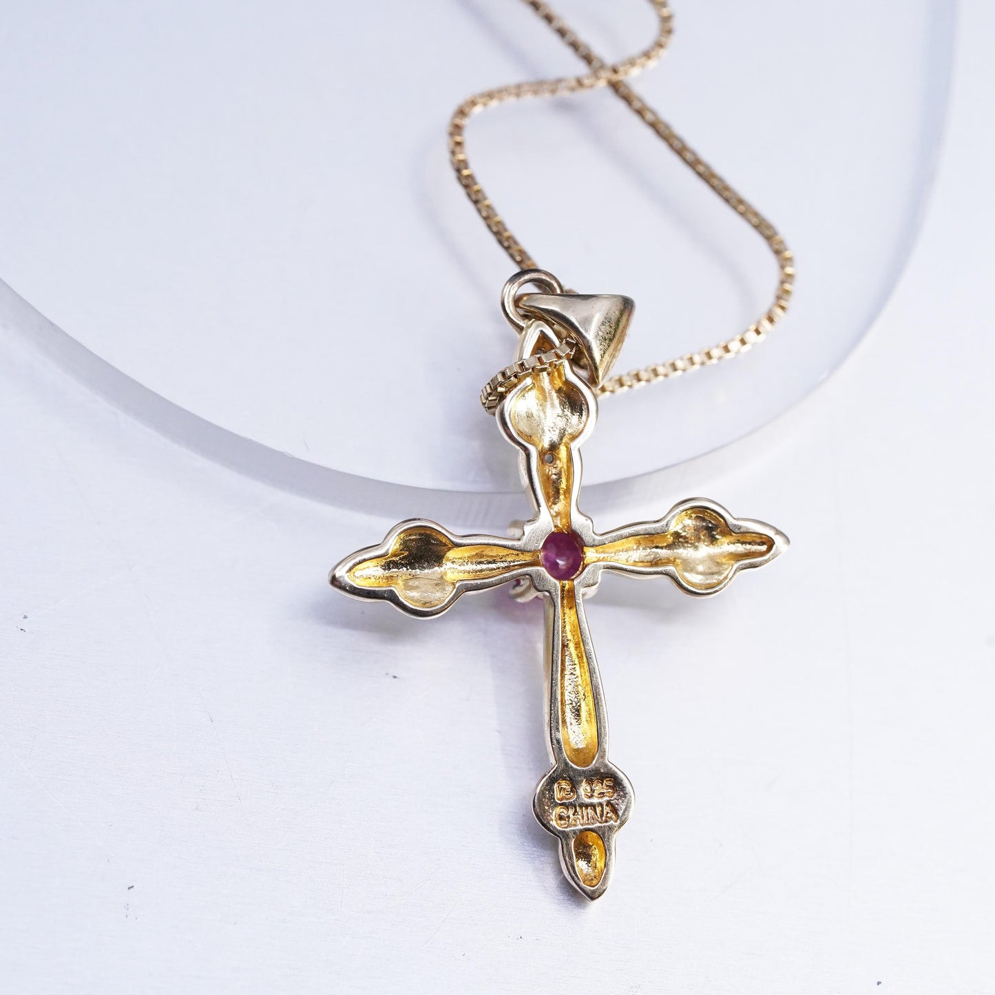 18", vermeil gold sterling 925 silver box necklace ruby diamonds cross pendant