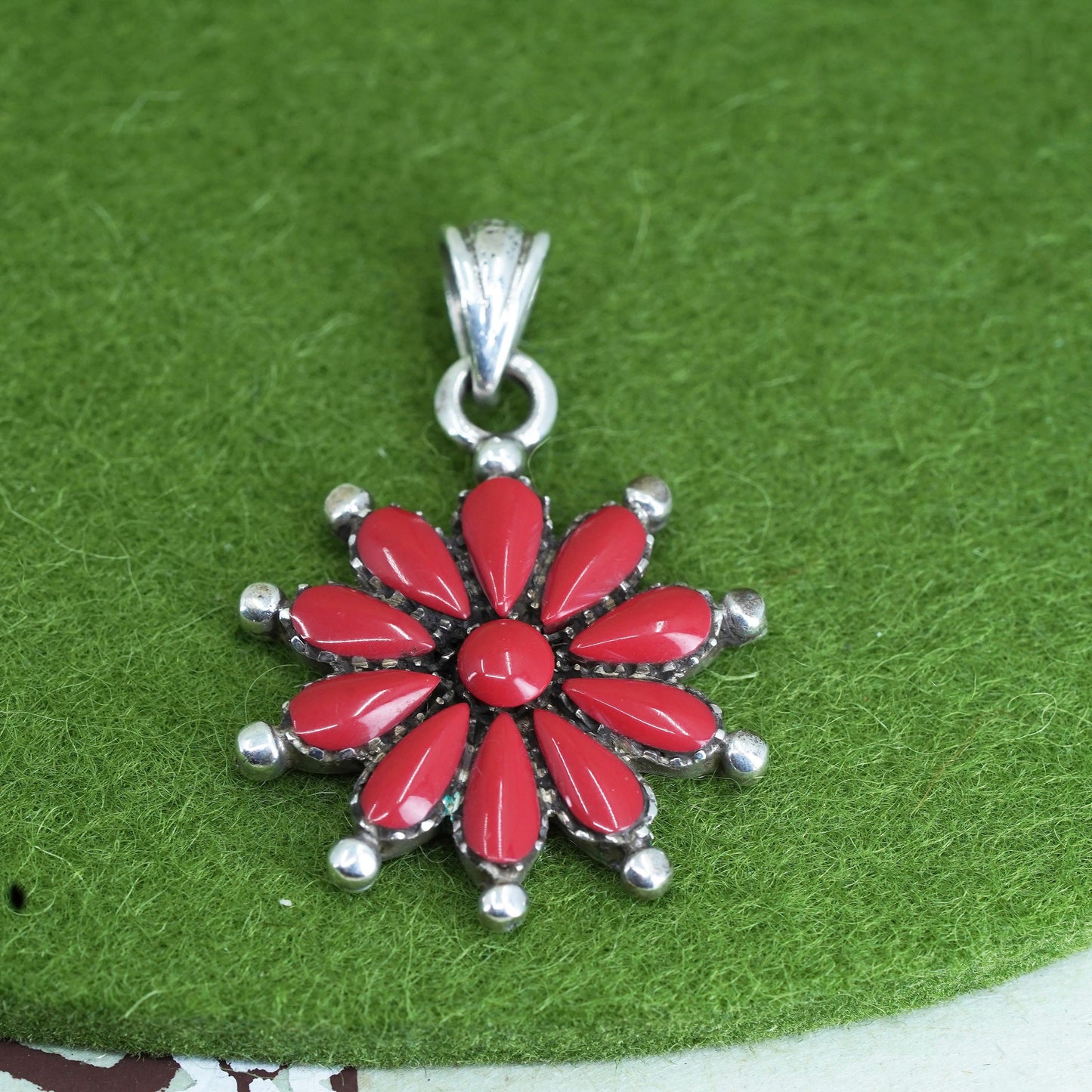 Native American sterling silver 925 handmade pendant with turquoise and coral