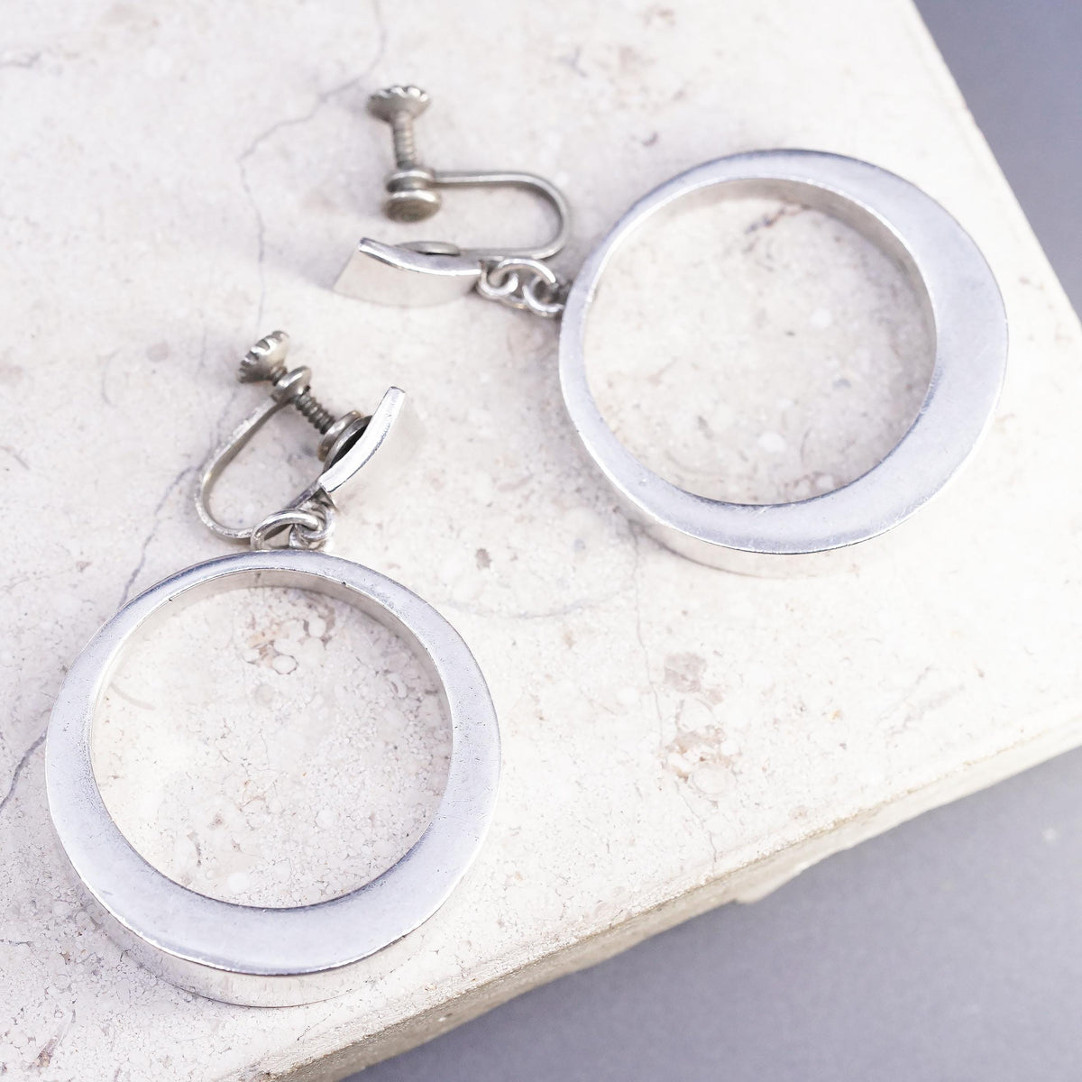 Sterling 925 Silver Circle Dangle Earrings, Large Open Hoop Screw Back Earrings