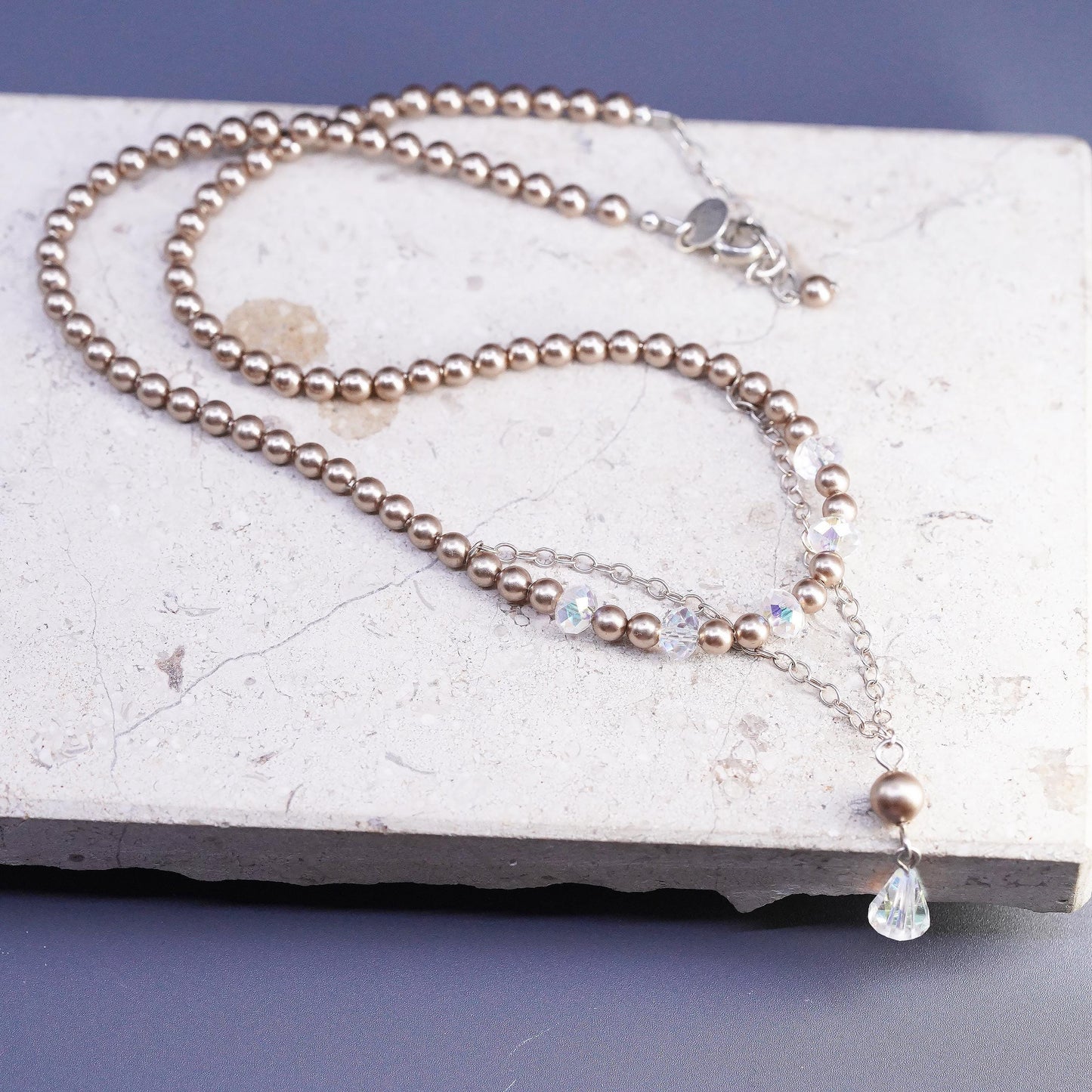 15+1", VTG Emily Ray Sterling 925 silver necklace faux pearls crystal pendant