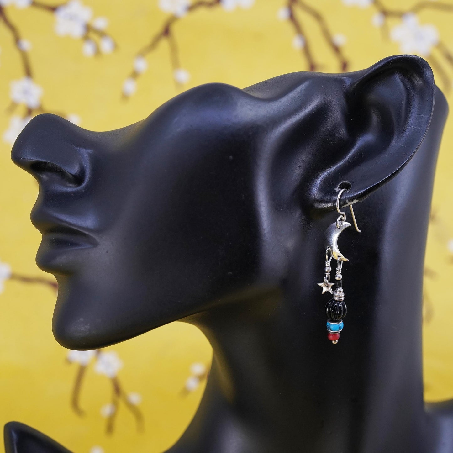 Native American Sterling 925 silver moon star earrings onyx turquoise