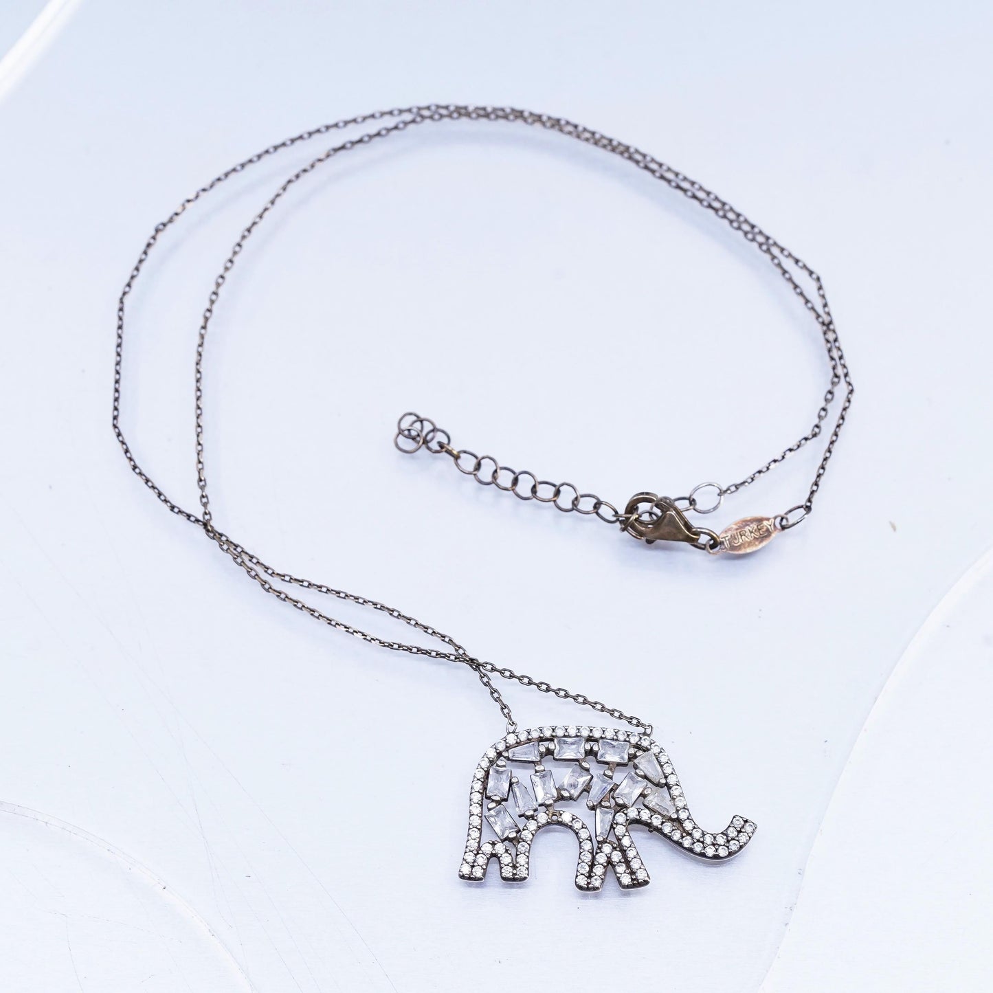 16+2", Turkish vermeil gold Sterling 925 Silver Necklace cz elephant Pendant
