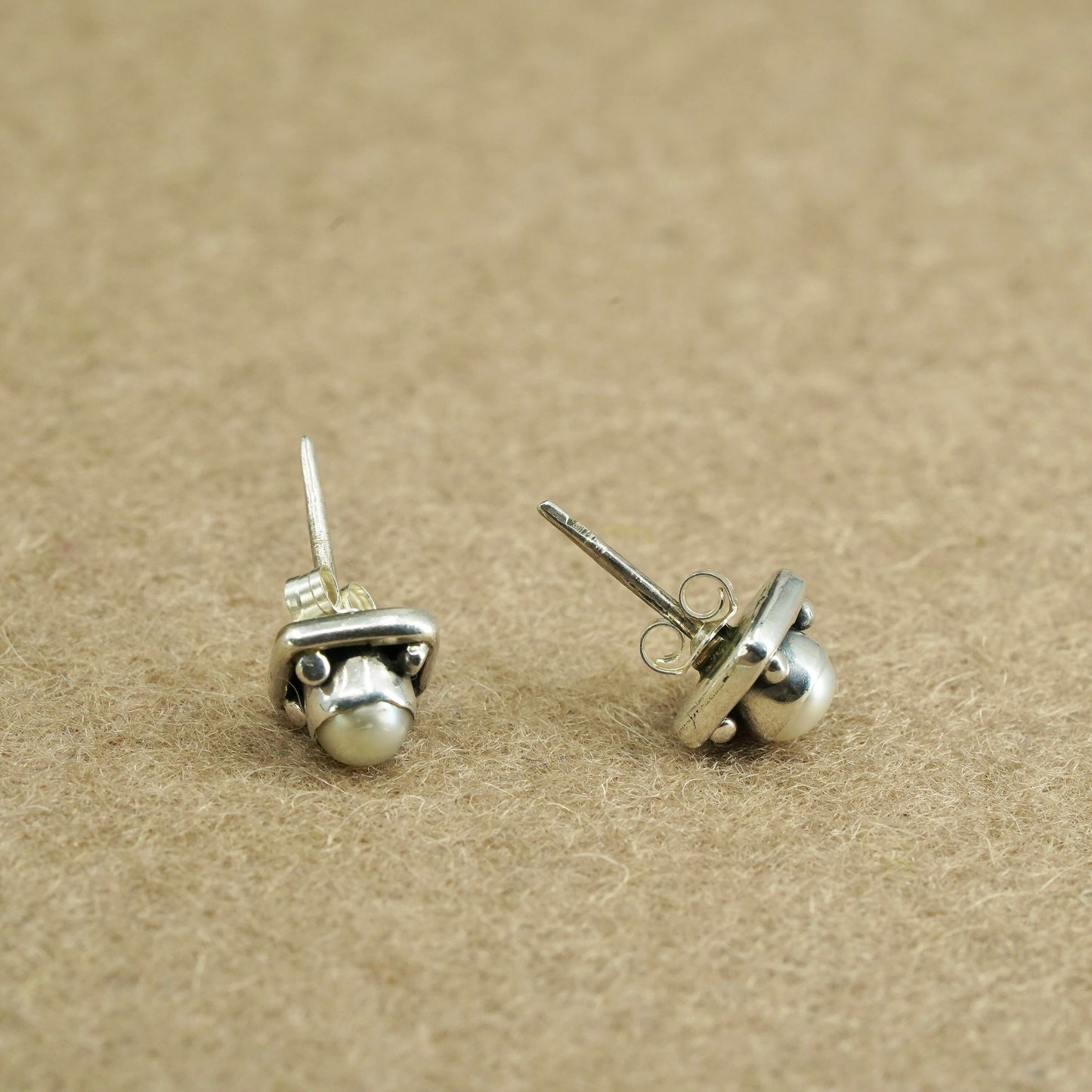 Vintage Sterling 925 silver handmade studs earrings with pearl