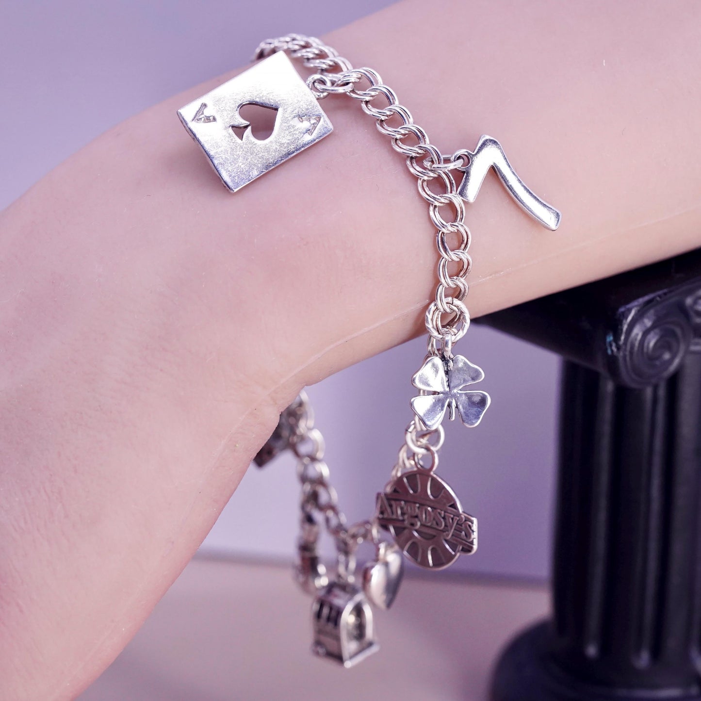 8", Sterling silver bracelet, 925 double curb chain slot dice money bag heart