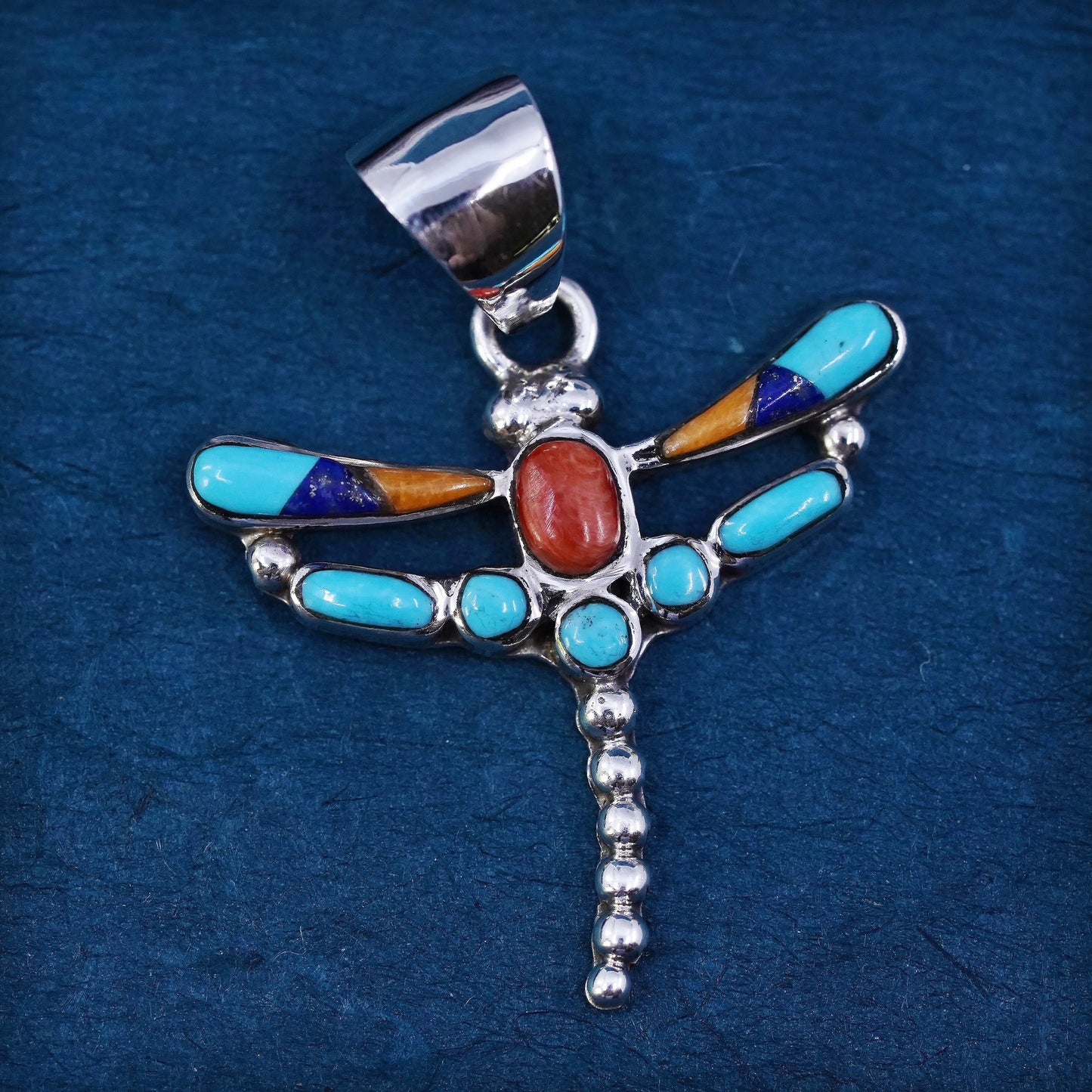 Native American Navajo Sterling silver pendant, 925 dragonfly turquoise coral