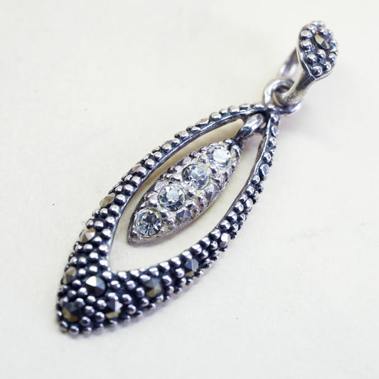 Vintage sterling silver handmade pendant, 925 marquise charm with Cz marcasite